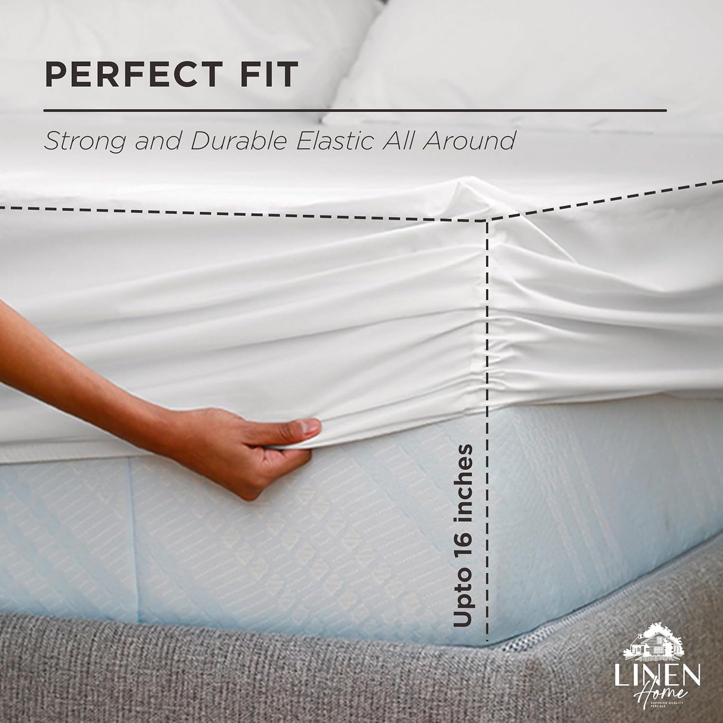 Linen Home 100% Cotton Percale Weave Fitted Sheet, Queen Size, White, 1 Deep Pocket Fitted Sheet, Fits Mattress Upto 16" Crisp and Cool Strong Bed Linen, 60"X80"+15"