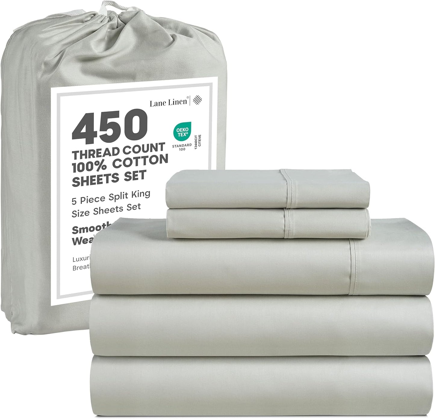 LANE LINEN 100% Cotton Sheets – 450 Thread Count Naturally Cooling Twin Sheets Set, Soft & Comfy Sateen Weave, Deep Pocket Fits 15” Mattress, Fade-Resistant Hotel Bedding, White