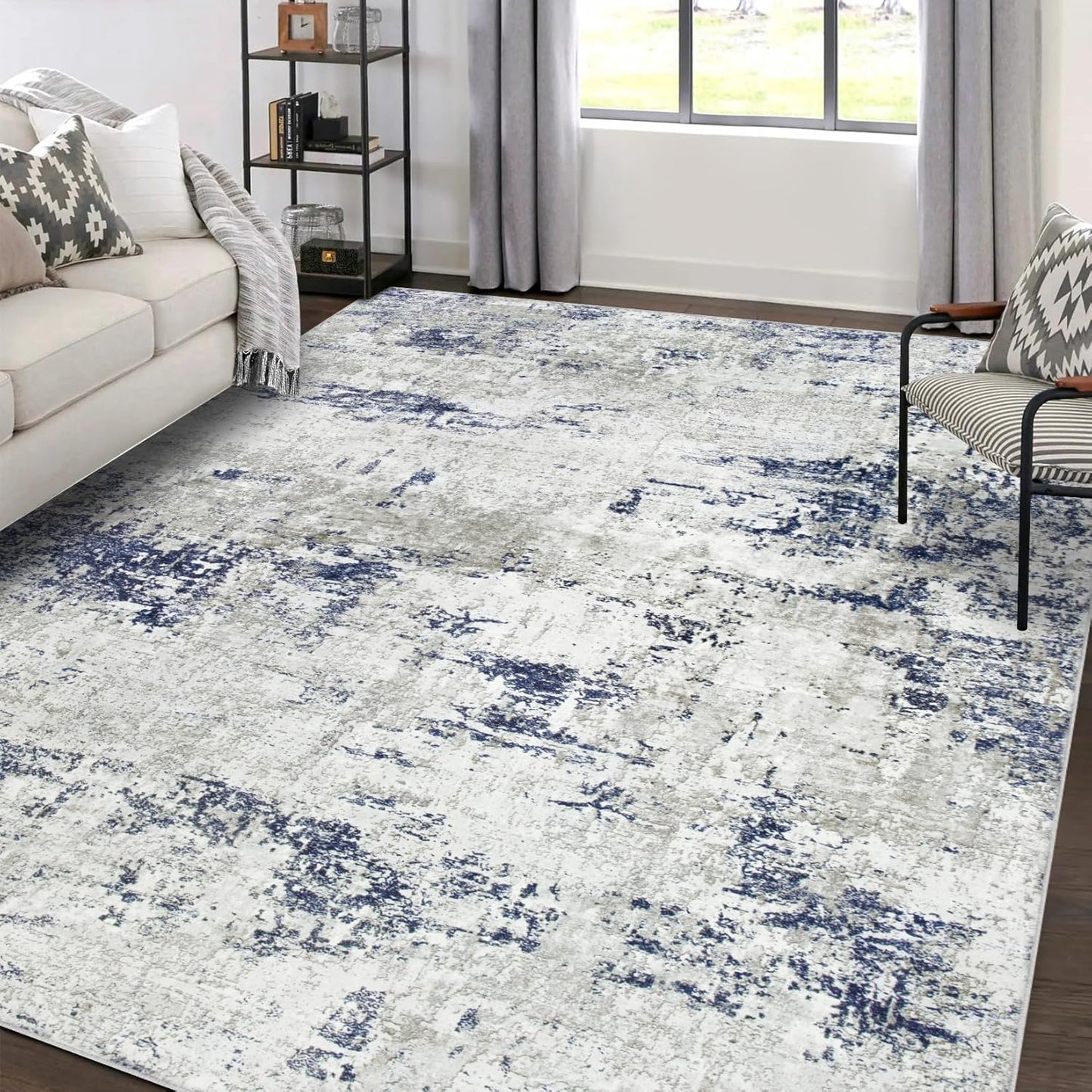 Area Rug Living Room Rugs: 5x7 Large Soft Indoor Carpet Modern Abstract Rug with Non Slip Rubber Backing for Under Dining Table Nursery Home Office Bedroom White Gray Blue