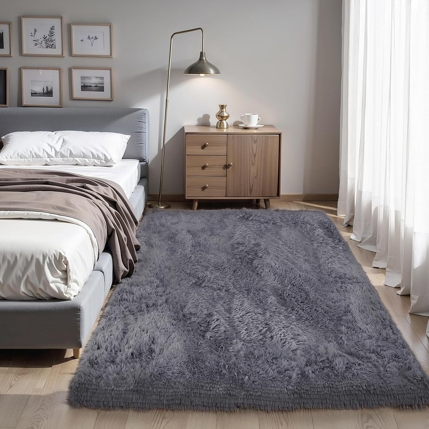 4x6 Light Grey Fluffy Shag Area Rug for Bedroom, Ultra Soft Fuzzy Plush Washable Carpet for Living Room, Modern Cozy Non Skid Furry Shaggy Rug for Kids Baby Boys Nursery Dorm,Tie-Dye Gray