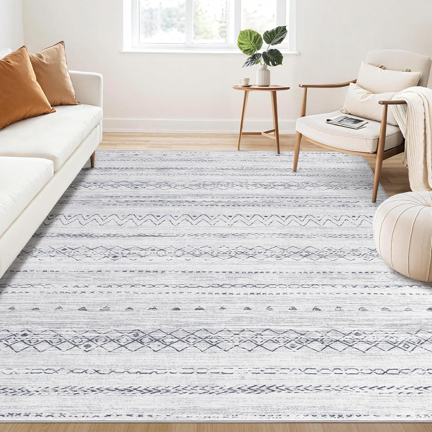 Large Living Room Area Rug 5x7: Soft Machine Washable Boho Moroccan Farmhouse Rugs for Bedroom Under Dining Table - Non-Slip Neutral Morden Indoor Floor Carpet for Home Office - Brown/Cream