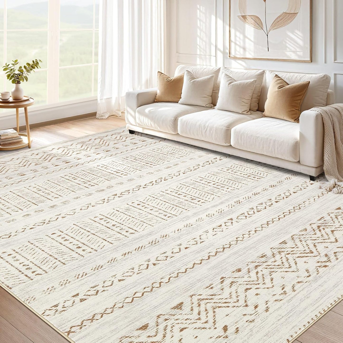 Large Living Room Area Rug 5x7: Soft Machine Washable Boho Moroccan Farmhouse Rugs for Bedroom Under Dining Table - Non-Slip Neutral Morden Indoor Floor Carpet for Home Office - Brown/Cream