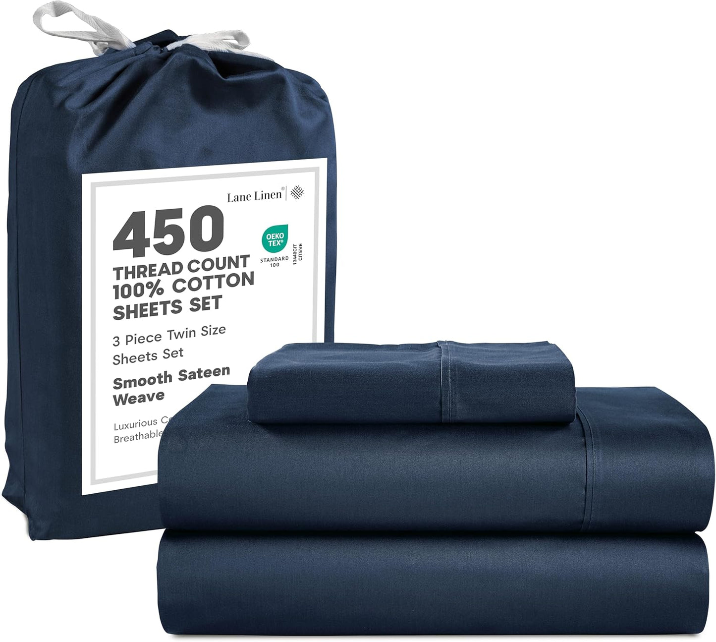 LANE LINEN 100% Cotton Sheets – 450 Thread Count Naturally Cooling Twin Sheets Set, Soft & Comfy Sateen Weave, Deep Pocket Fits 15” Mattress, Fade-Resistant Hotel Bedding, White