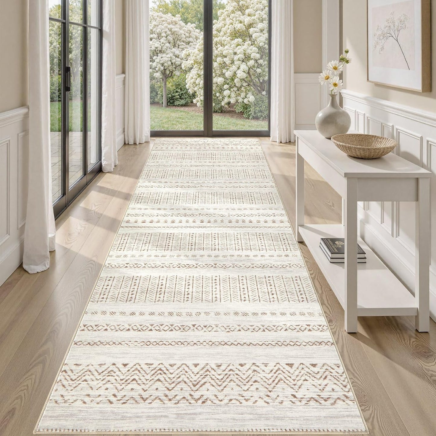 Large Living Room Area Rug 5x7: Soft Machine Washable Boho Moroccan Farmhouse Rugs for Bedroom Under Dining Table - Non-Slip Neutral Morden Indoor Floor Carpet for Home Office - Brown/Cream