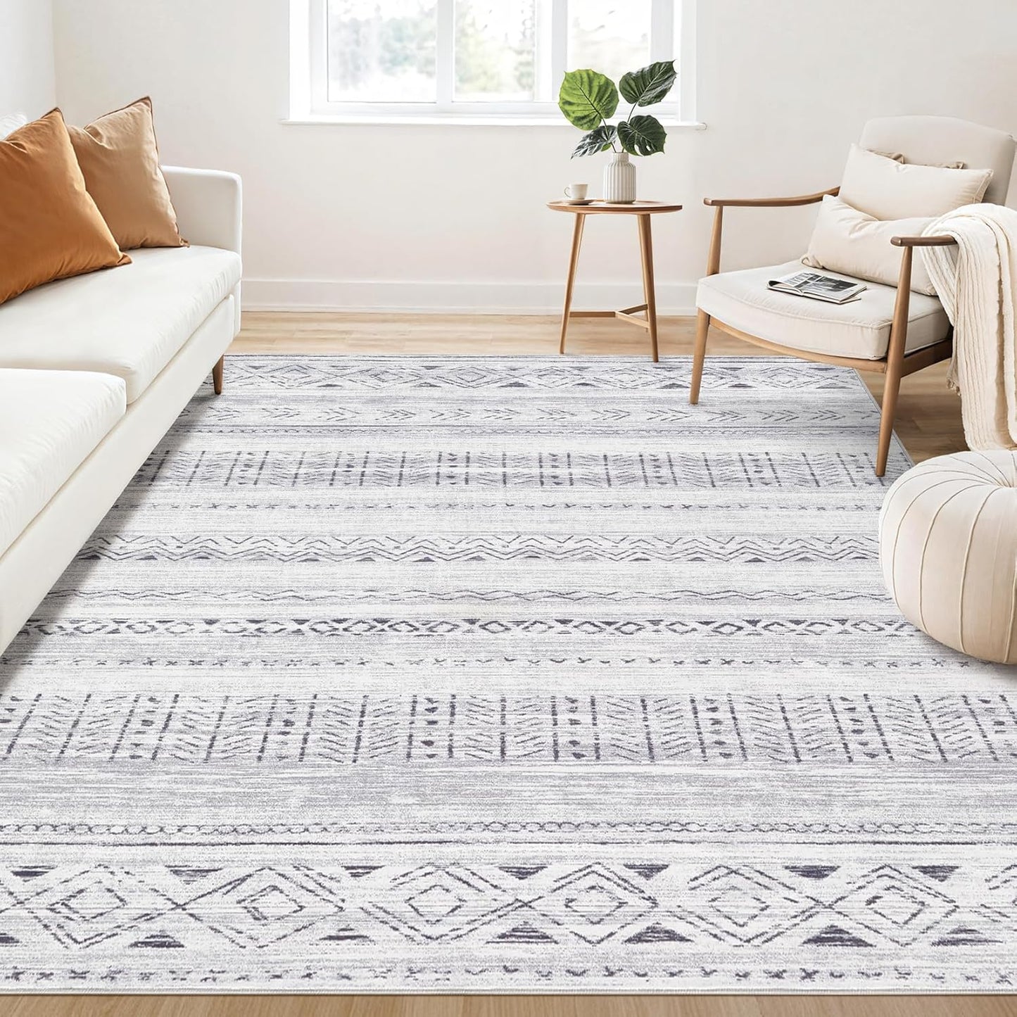 Large Living Room Area Rug 5x7: Soft Machine Washable Boho Moroccan Farmhouse Rugs for Bedroom Under Dining Table - Non-Slip Neutral Morden Indoor Floor Carpet for Home Office - Brown/Cream
