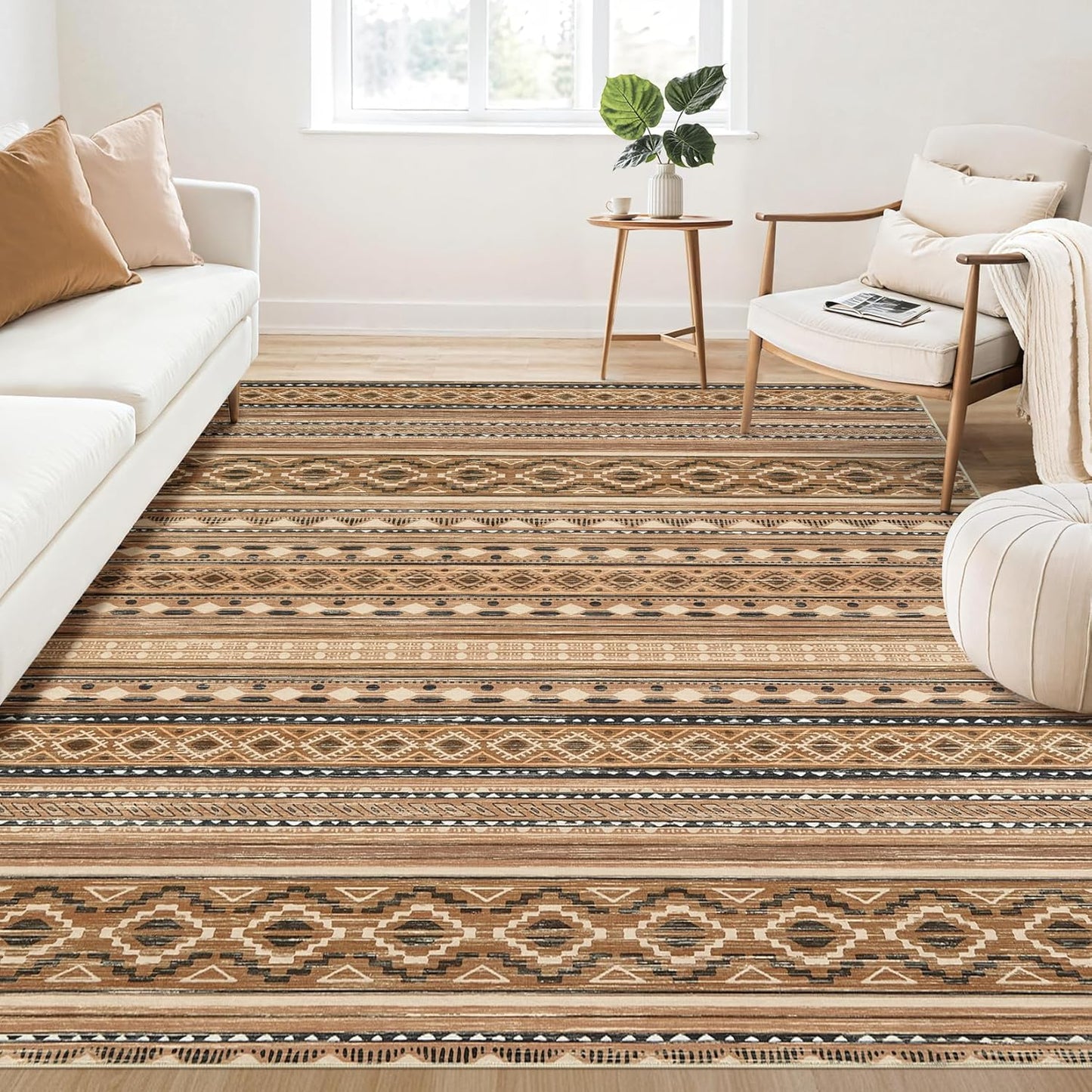 Large Living Room Area Rug 5x7: Soft Machine Washable Boho Moroccan Farmhouse Rugs for Bedroom Under Dining Table - Non-Slip Neutral Morden Indoor Floor Carpet for Home Office - Brown/Cream