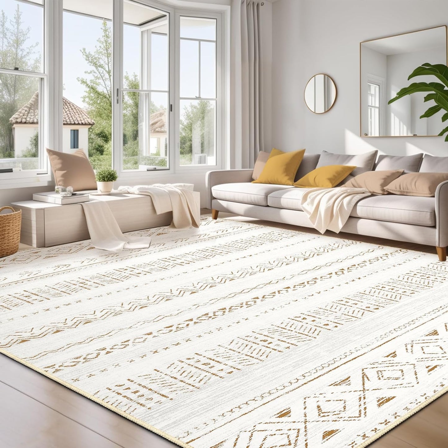 Large Living Room Area Rug 5x7: Soft Machine Washable Boho Moroccan Farmhouse Rugs for Bedroom Under Dining Table - Non-Slip Neutral Morden Indoor Floor Carpet for Home Office - Brown/Cream