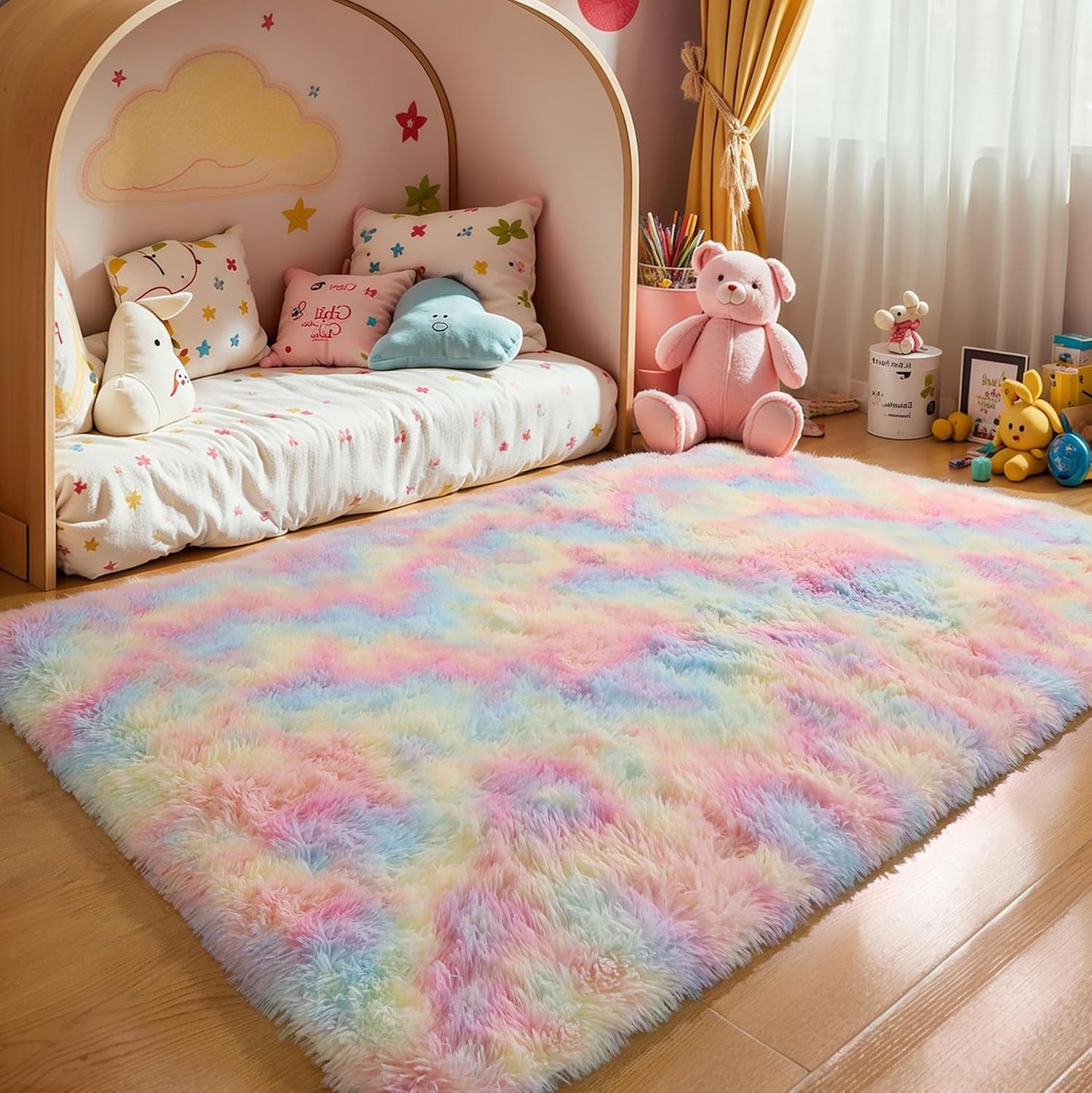 4x6 Light Grey Fluffy Shag Area Rug for Bedroom, Ultra Soft Fuzzy Plush Washable Carpet for Living Room, Modern Cozy Non Skid Furry Shaggy Rug for Kids Baby Boys Nursery Dorm,Tie-Dye Gray