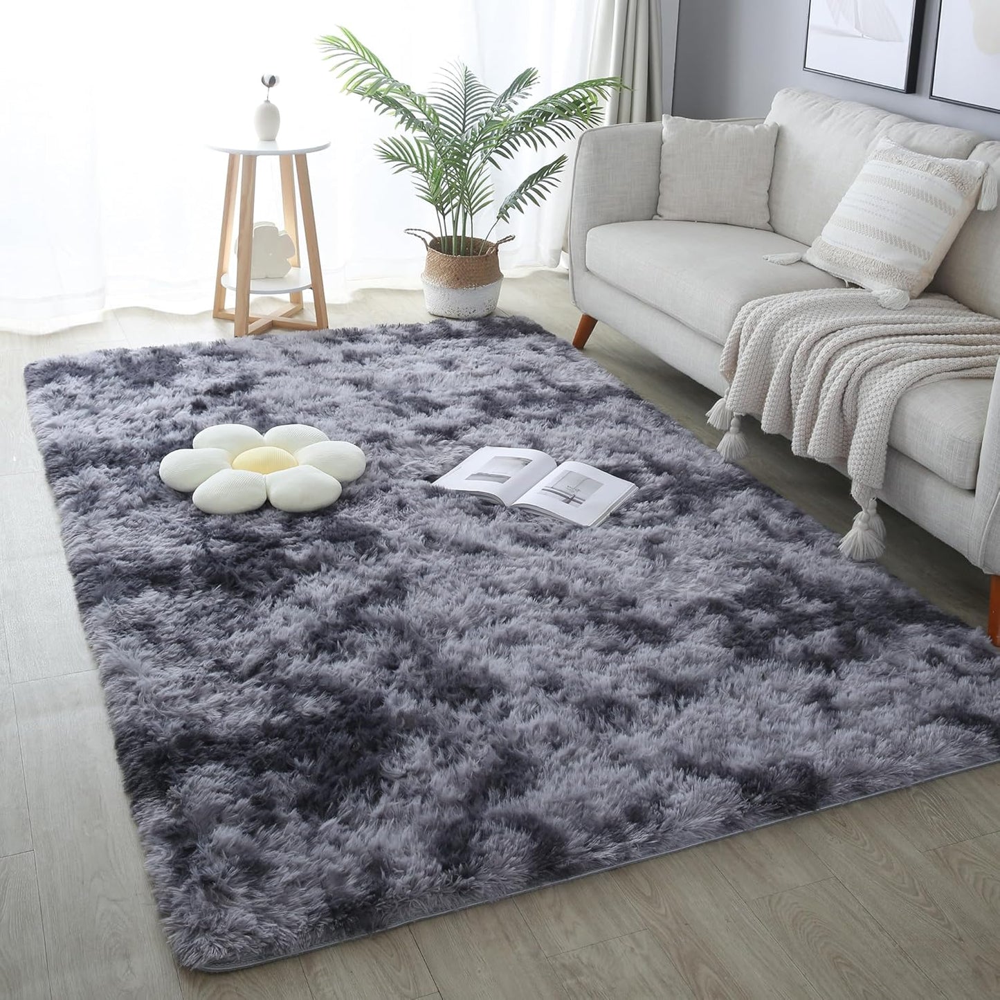 4x6 Light Grey Fluffy Shag Area Rug for Bedroom, Ultra Soft Fuzzy Plush Washable Carpet for Living Room, Modern Cozy Non Skid Furry Shaggy Rug for Kids Baby Boys Nursery Dorm,Tie-Dye Gray