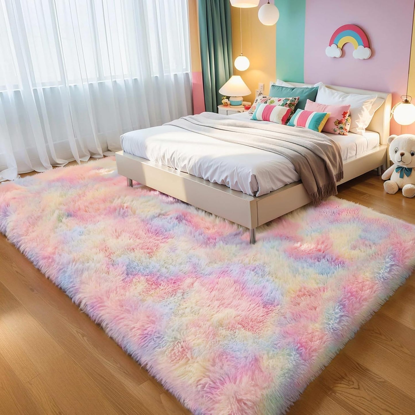 4x6 Light Grey Fluffy Shag Area Rug for Bedroom, Ultra Soft Fuzzy Plush Washable Carpet for Living Room, Modern Cozy Non Skid Furry Shaggy Rug for Kids Baby Boys Nursery Dorm,Tie-Dye Gray