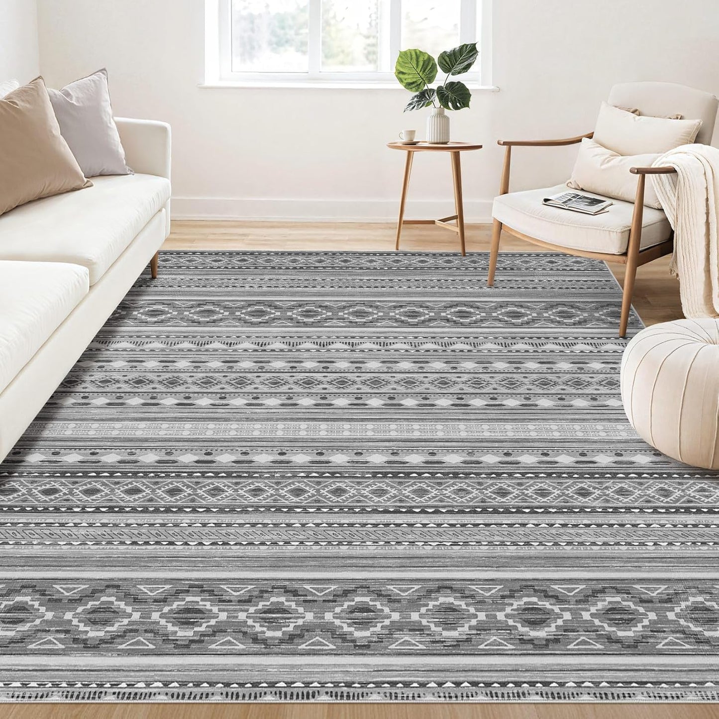 Large Living Room Area Rug 5x7: Soft Machine Washable Boho Moroccan Farmhouse Rugs for Bedroom Under Dining Table - Non-Slip Neutral Morden Indoor Floor Carpet for Home Office - Brown/Cream
