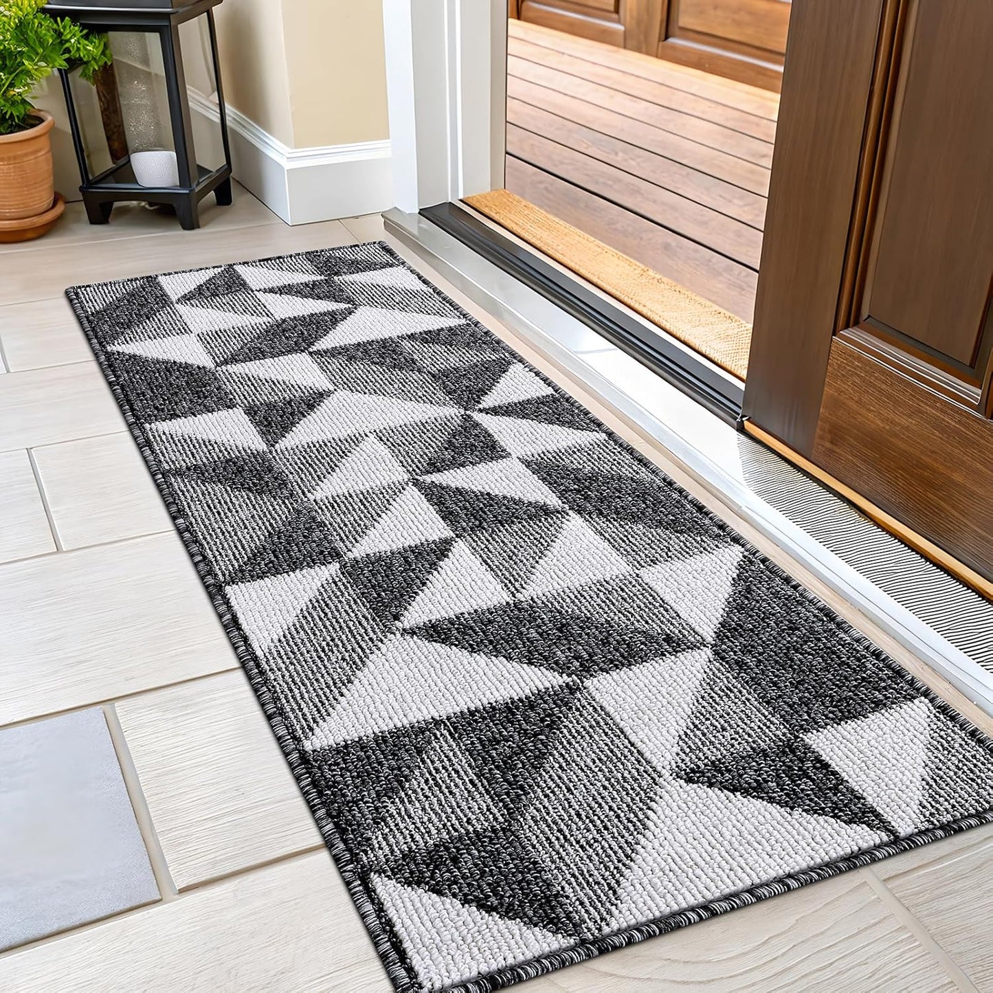 OLANLY Door Mat Indoor Entrance Washable 32x20, Odor-Free Low-Profile Front Back Geometric Doormat, Absorbent Resist Dirt Entry Carpet, Easy to Clean Sturdy Inside Floor Mats for Entryway, Black