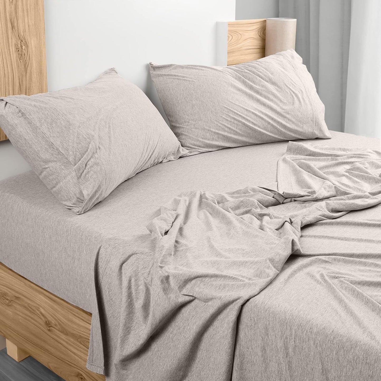 Utopia Bedding Queen Sheet Set - Jersey Knit Sheets 4 Piece – Cotton – Soft T-Shirt Stretchy Sheets (Heather Light Grey)