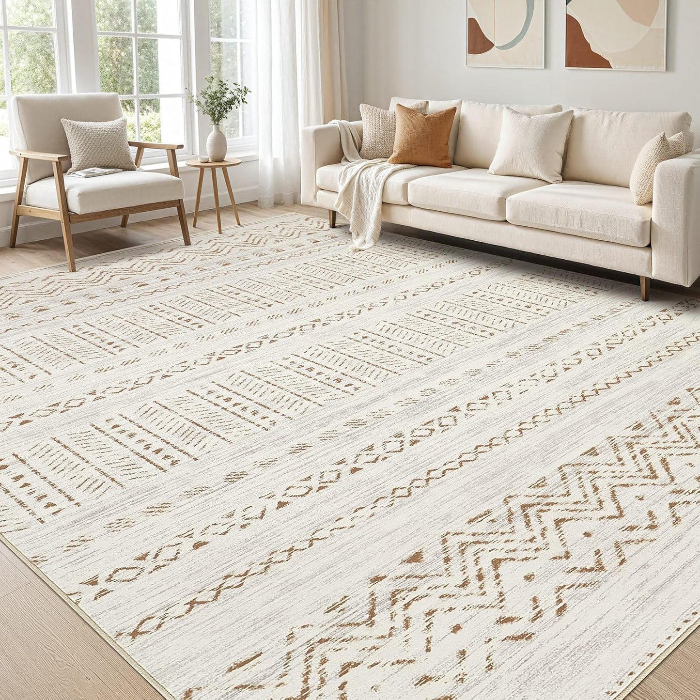 Large Living Room Area Rug 5x7: Soft Machine Washable Boho Moroccan Farmhouse Rugs for Bedroom Under Dining Table - Non-Slip Neutral Morden Indoor Floor Carpet for Home Office - Brown/Cream