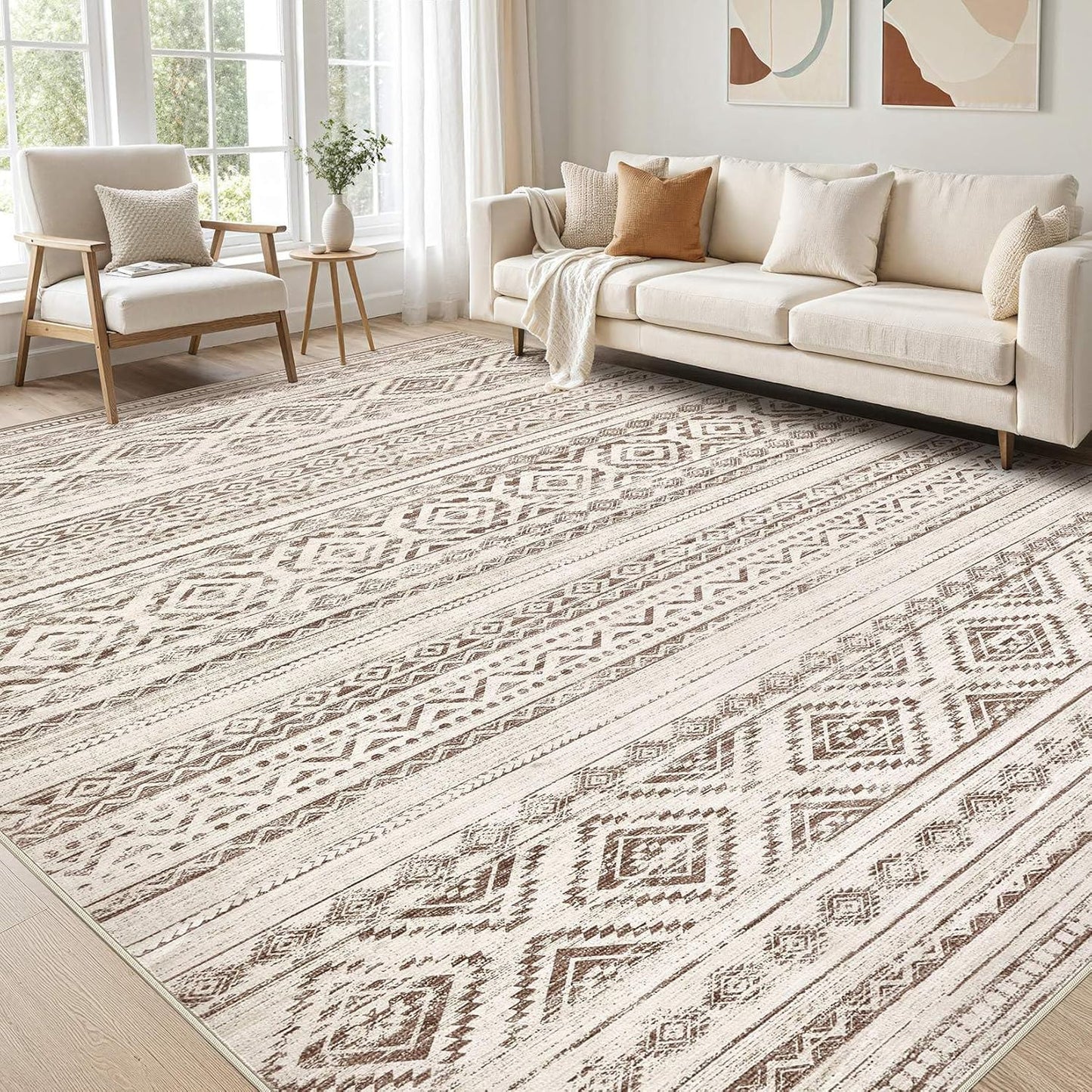 Large Living Room Area Rug 5x7: Soft Machine Washable Boho Moroccan Farmhouse Rugs for Bedroom Under Dining Table - Non-Slip Neutral Morden Indoor Floor Carpet for Home Office - Brown/Cream