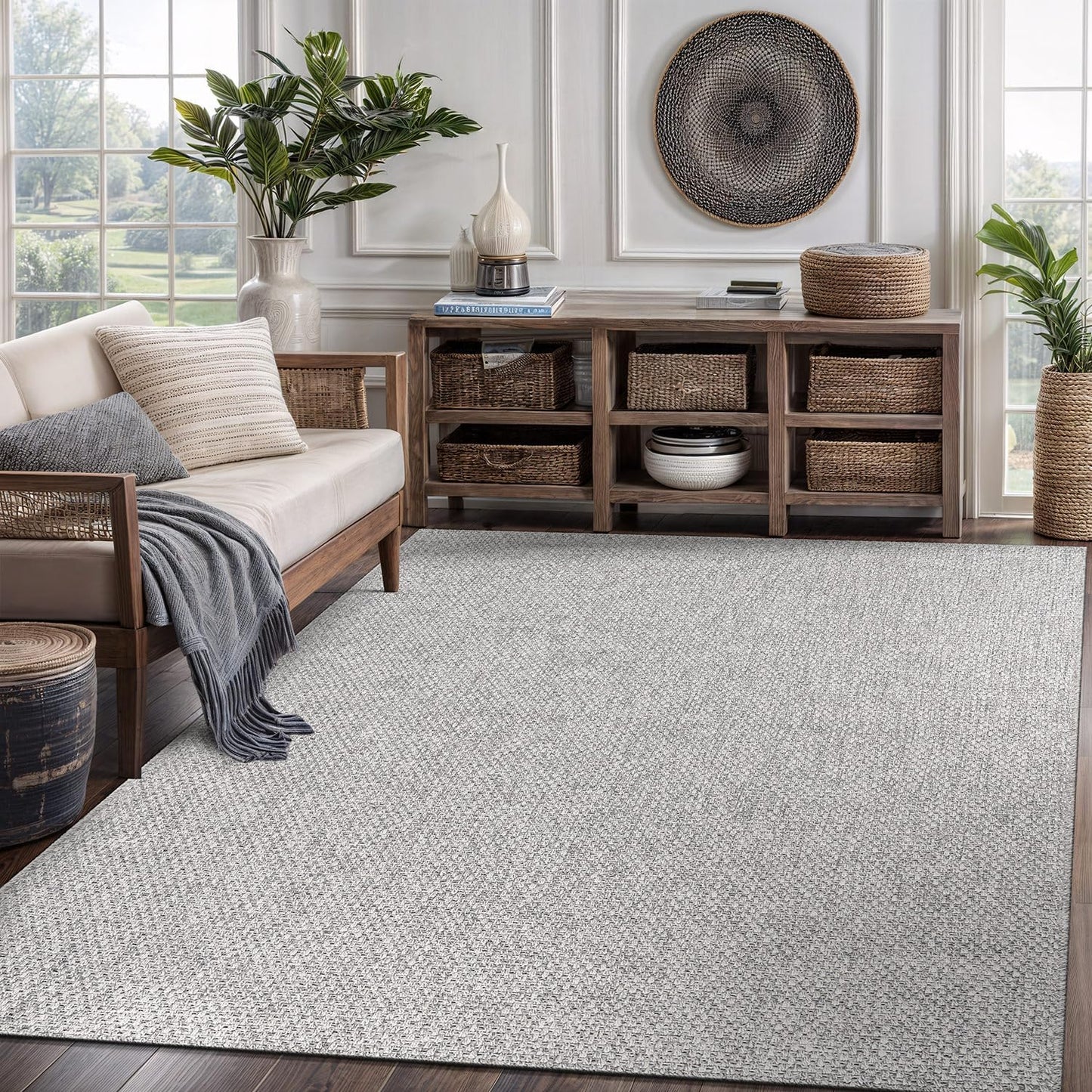 CAMILSON Easy Jute Rug 8x10, Indoor Outdoor Natural Color Fiber Area Rugs for Living Room and Patio Rug Herringbone Seagrass Boho Woven Design Easy-Cleaning Washable Outside Carpet Alfombras 8 x 10
