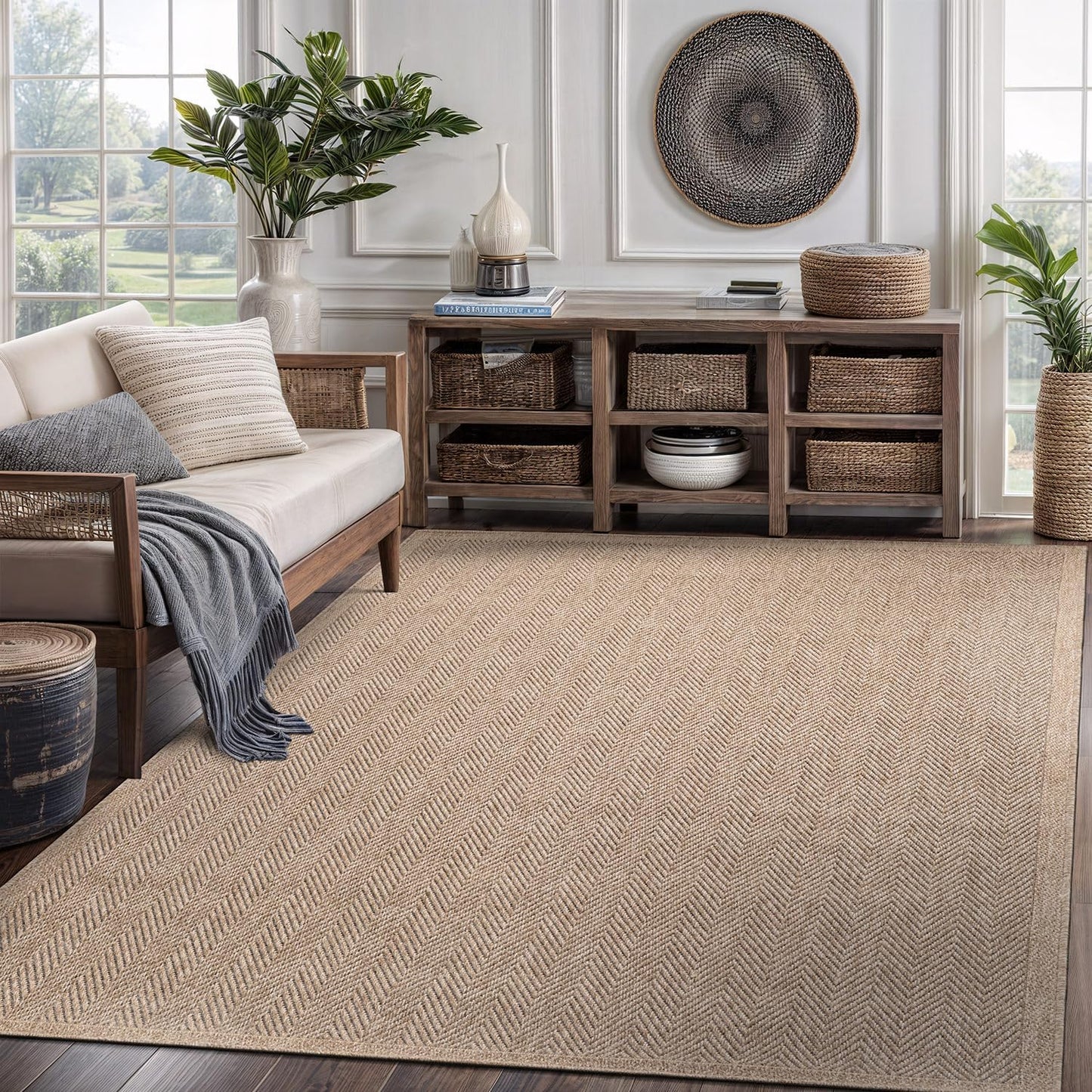 CAMILSON Easy Jute Rug 8x10, Indoor Outdoor Natural Color Fiber Area Rugs for Living Room and Patio Rug Herringbone Seagrass Boho Woven Design Easy-Cleaning Washable Outside Carpet Alfombras 8 x 10