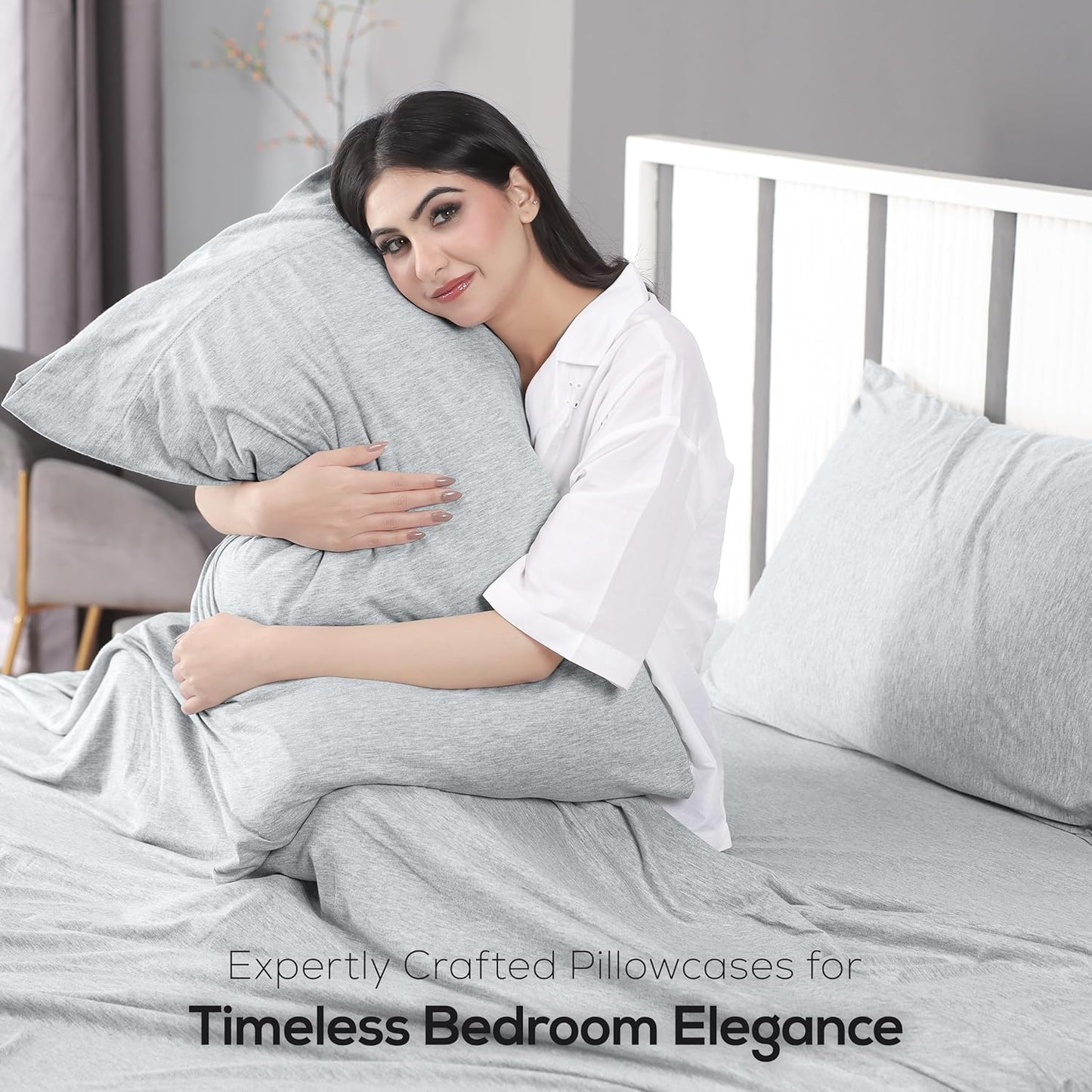 Utopia Bedding Queen Sheet Set - Jersey Knit Sheets 4 Piece – Cotton – Soft T-Shirt Stretchy Sheets (Heather Light Grey)