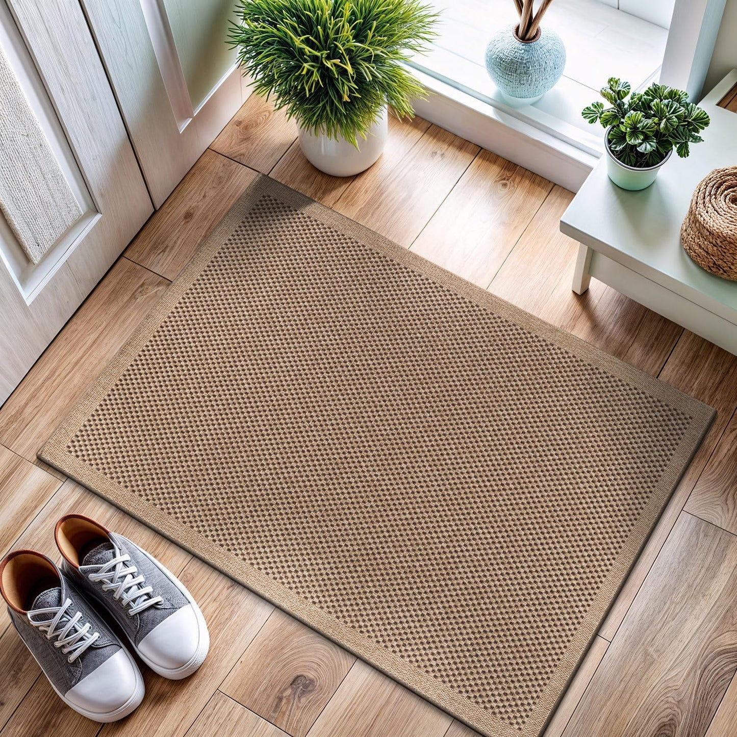 CAMILSON Easy Jute Rug 8x10, Indoor Outdoor Natural Color Fiber Area Rugs for Living Room and Patio Rug Herringbone Seagrass Boho Woven Design Easy-Cleaning Washable Outside Carpet Alfombras 8 x 10