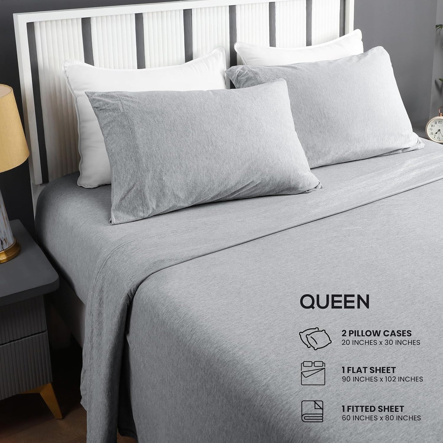 Utopia Bedding Queen Sheet Set - Jersey Knit Sheets 4 Piece – Cotton – Soft T-Shirt Stretchy Sheets (Heather Light Grey)