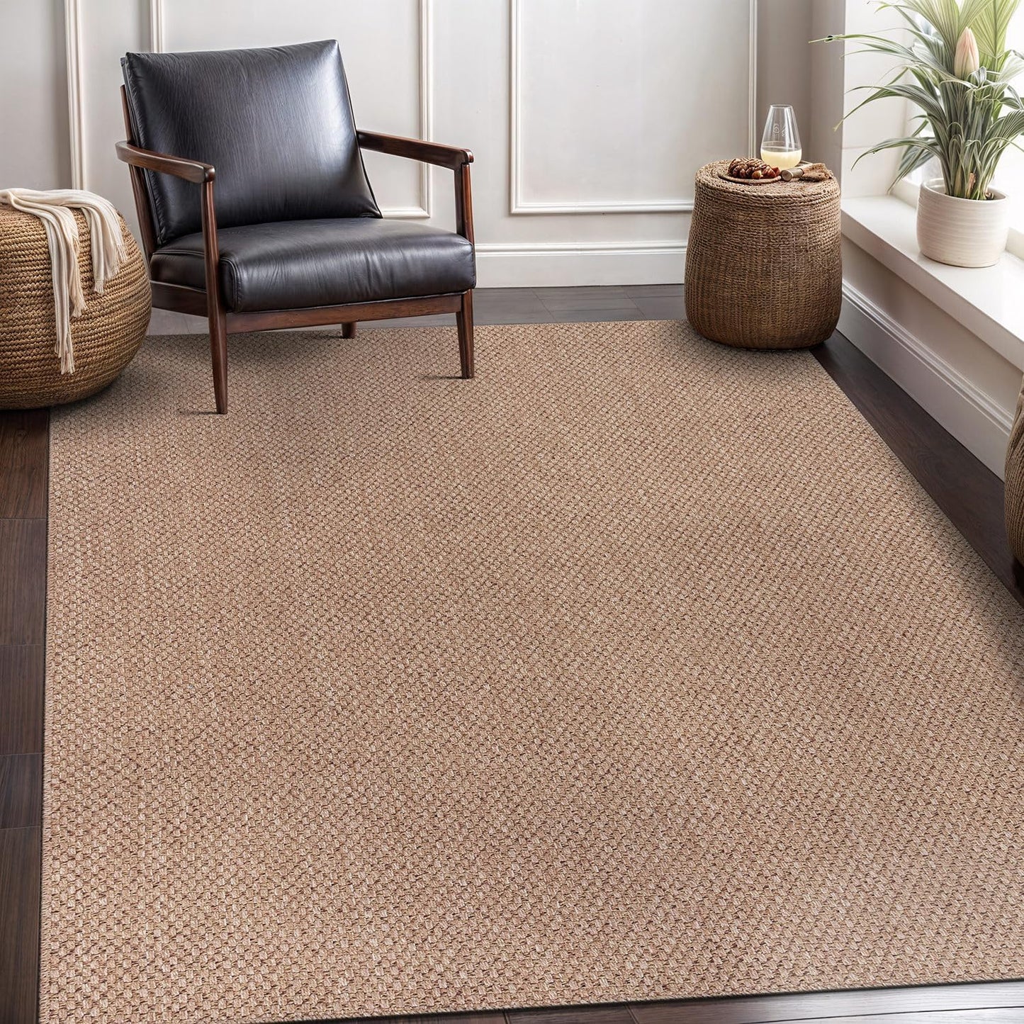 CAMILSON Easy Jute Rug 8x10, Indoor Outdoor Natural Color Fiber Area Rugs for Living Room and Patio Rug Herringbone Seagrass Boho Woven Design Easy-Cleaning Washable Outside Carpet Alfombras 8 x 10