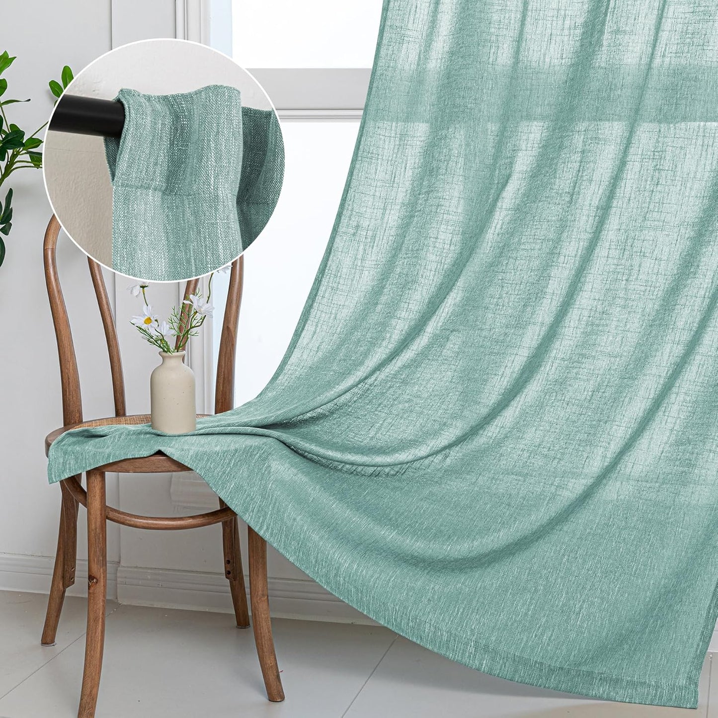 MYSKY HOME Linen Curtains for Living Room, Natural Semi Sheer Curtains & Drapes 84 inches Length 2 Panels Set Farmhouse Country Boho Style Back Tab Draperies for Sliding Glass Door, 50" Wide, Linen