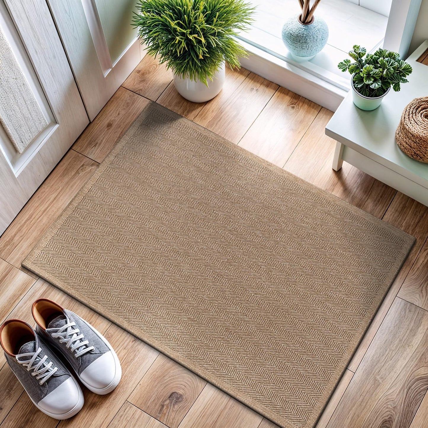 CAMILSON Easy Jute Rug 8x10, Indoor Outdoor Natural Color Fiber Area Rugs for Living Room and Patio Rug Herringbone Seagrass Boho Woven Design Easy-Cleaning Washable Outside Carpet Alfombras 8 x 10