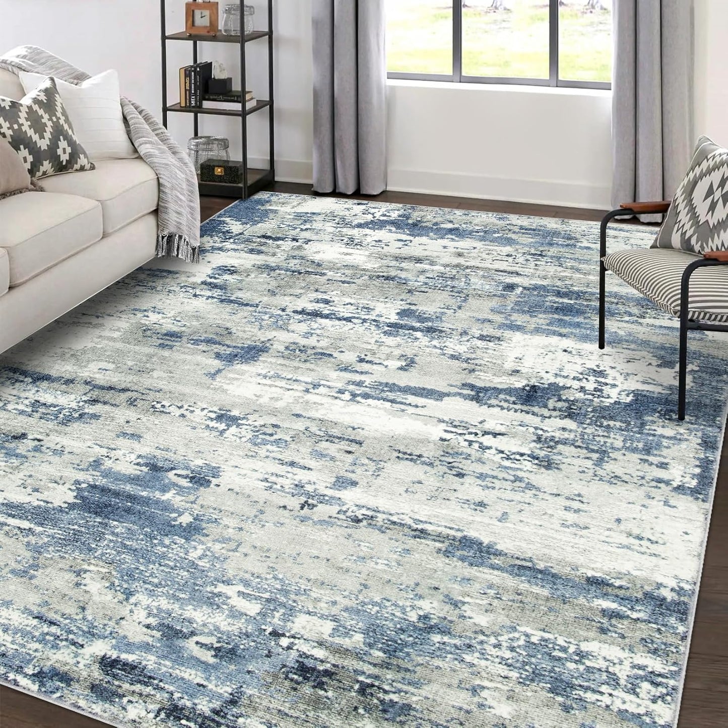 Area Rug Living Room Rugs: 5x7 Large Soft Indoor Carpet Modern Abstract Rug with Non Slip Rubber Backing for Under Dining Table Nursery Home Office Bedroom White Gray Blue