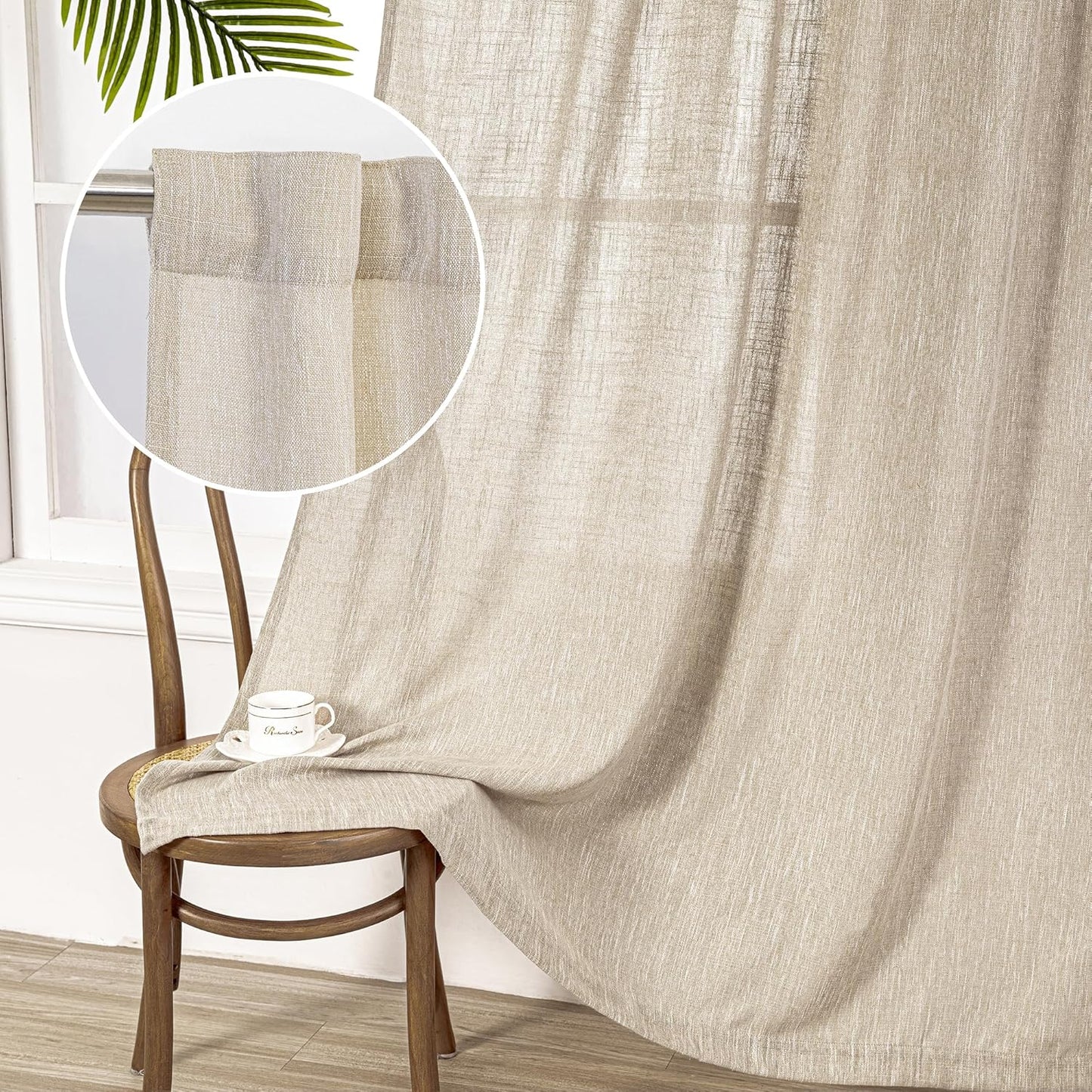 MYSKY HOME Linen Curtains for Living Room, Natural Semi Sheer Curtains & Drapes 84 inches Length 2 Panels Set Farmhouse Country Boho Style Back Tab Draperies for Sliding Glass Door, 50" Wide, Linen
