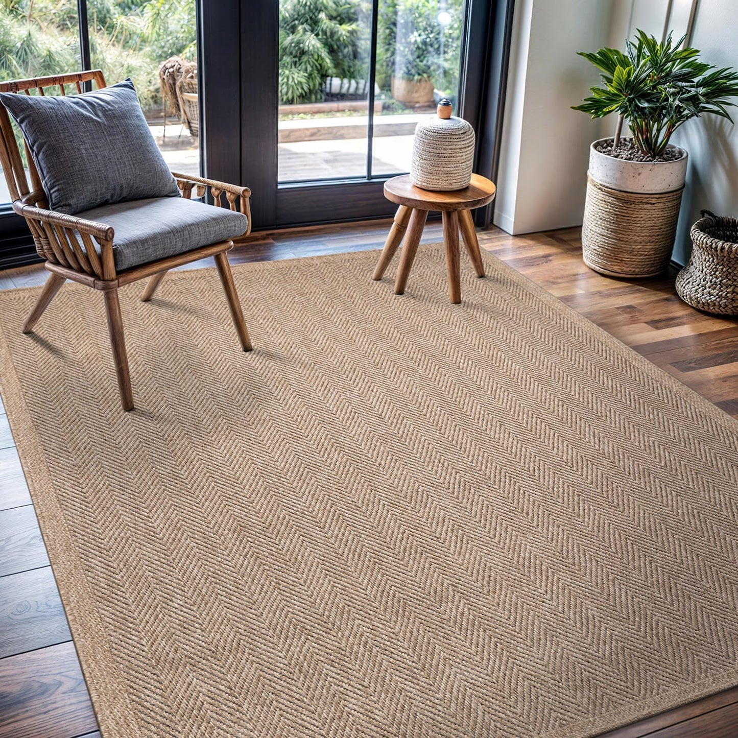 CAMILSON Easy Jute Rug 8x10, Indoor Outdoor Natural Color Fiber Area Rugs for Living Room and Patio Rug Herringbone Seagrass Boho Woven Design Easy-Cleaning Washable Outside Carpet Alfombras 8 x 10