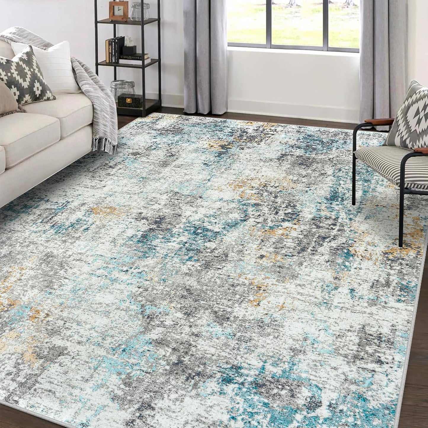 Area Rug Living Room Rugs: 5x7 Large Soft Indoor Carpet Modern Abstract Rug with Non Slip Rubber Backing for Under Dining Table Nursery Home Office Bedroom White Gray Blue