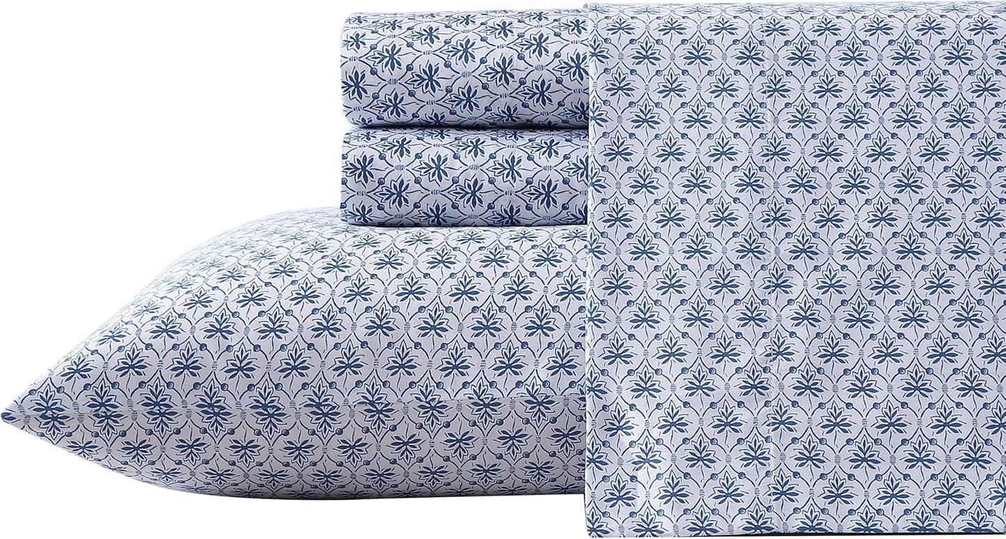 Laura Ashley - Queen Bed Sheets, Smooth & Silky Sateen Cotton Bedding with Matching Pillowcases, Deep Pocket, Oeko-Tex Certified (Ramona Blue)