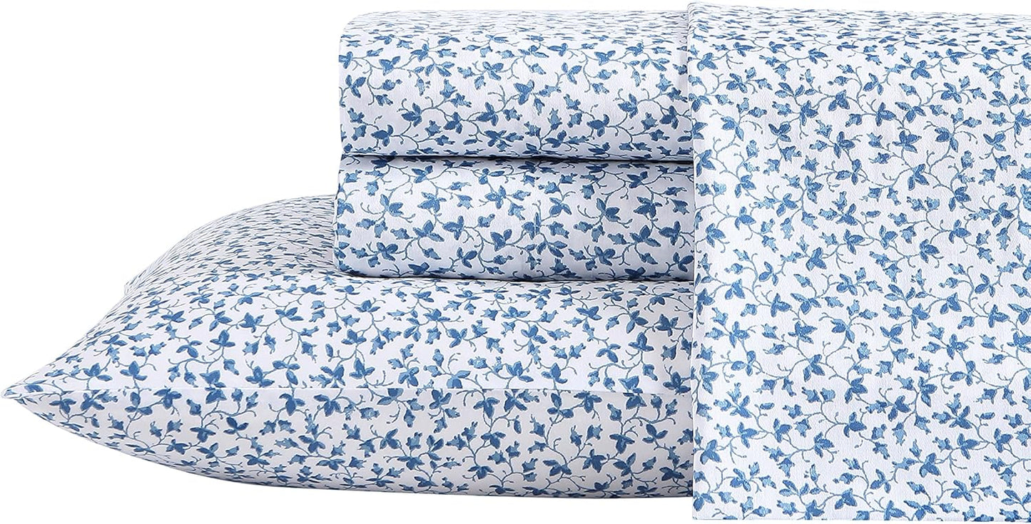 Laura Ashley - Queen Bed Sheets, Smooth & Silky Sateen Cotton Bedding with Matching Pillowcases, Deep Pocket, Oeko-Tex Certified (Ramona Blue)