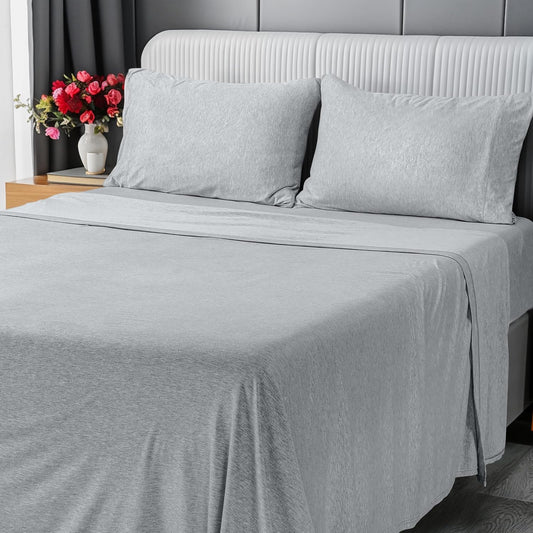 Utopia Bedding Queen Sheet Set - Jersey Knit Sheets 4 Piece – Cotton – Soft T-Shirt Stretchy Sheets (Heather Light Grey)