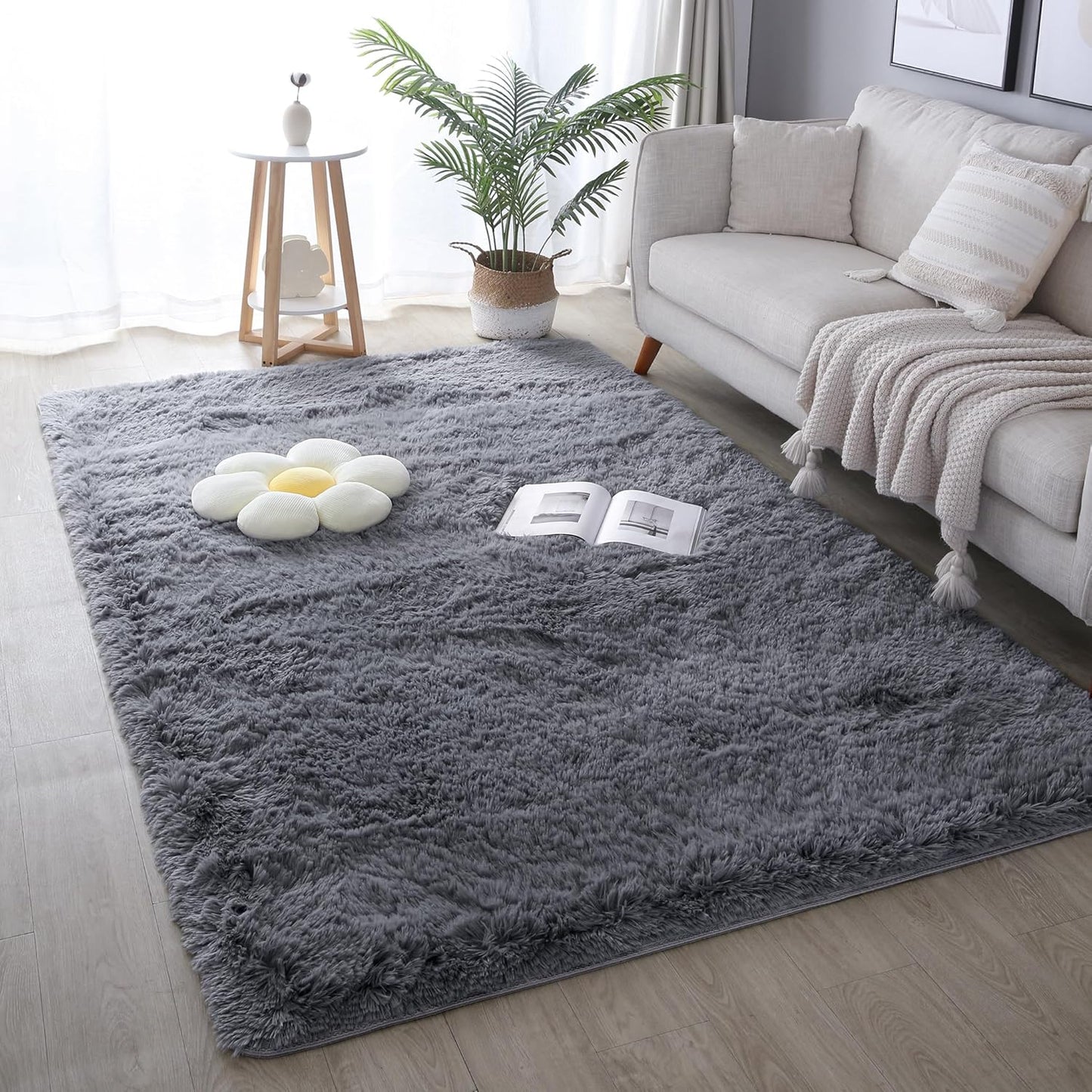 4x6 Light Grey Fluffy Shag Area Rug for Bedroom, Ultra Soft Fuzzy Plush Washable Carpet for Living Room, Modern Cozy Non Skid Furry Shaggy Rug for Kids Baby Boys Nursery Dorm,Tie-Dye Gray