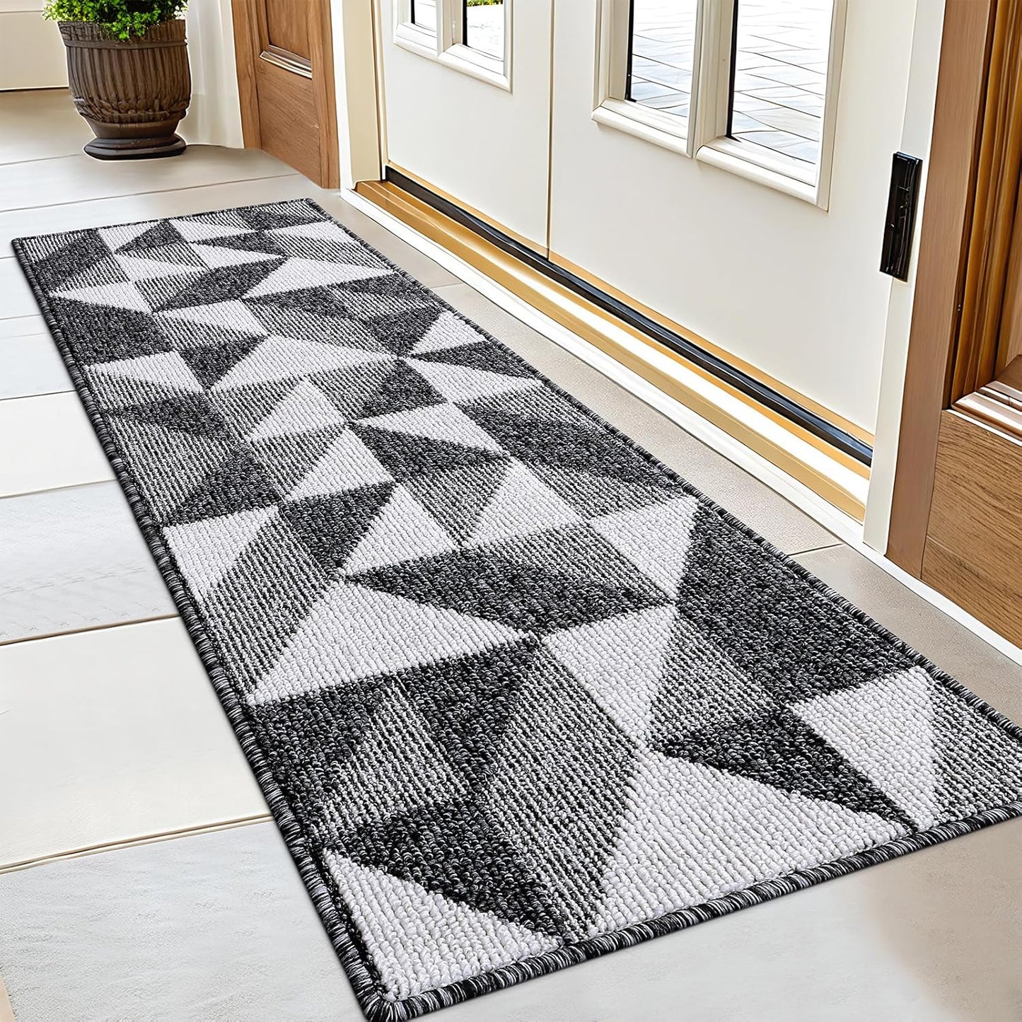 OLANLY Door Mat Indoor Entrance Washable 32x20, Odor-Free Low-Profile Front Back Geometric Doormat, Absorbent Resist Dirt Entry Carpet, Easy to Clean Sturdy Inside Floor Mats for Entryway, Black