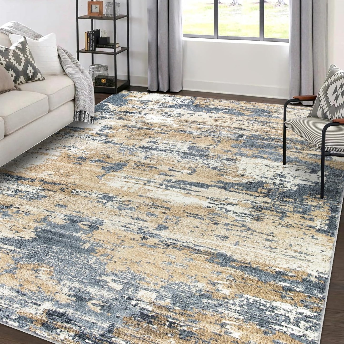Area Rug Living Room Rugs: 5x7 Large Soft Indoor Carpet Modern Abstract Rug with Non Slip Rubber Backing for Under Dining Table Nursery Home Office Bedroom White Gray Blue