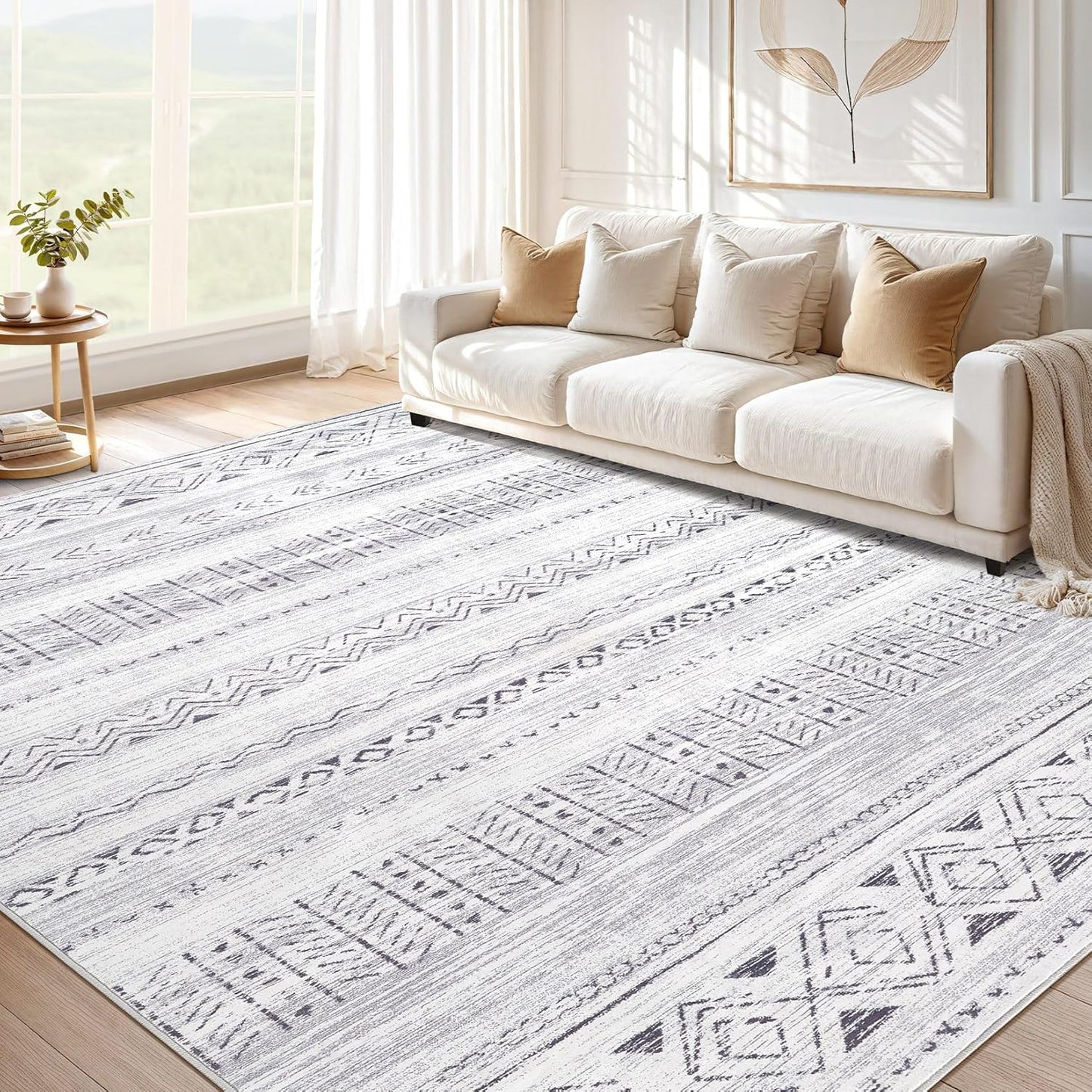 Large Living Room Area Rug 5x7: Soft Machine Washable Boho Moroccan Farmhouse Rugs for Bedroom Under Dining Table - Non-Slip Neutral Morden Indoor Floor Carpet for Home Office - Brown/Cream