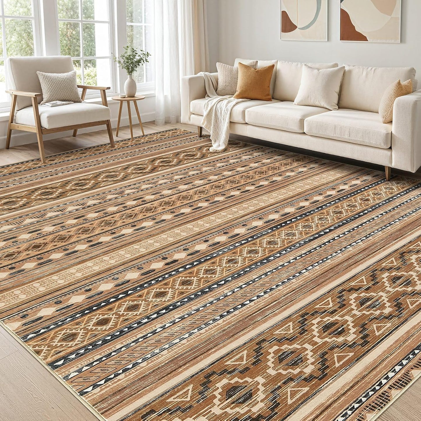 Large Living Room Area Rug 5x7: Soft Machine Washable Boho Moroccan Farmhouse Rugs for Bedroom Under Dining Table - Non-Slip Neutral Morden Indoor Floor Carpet for Home Office - Brown/Cream