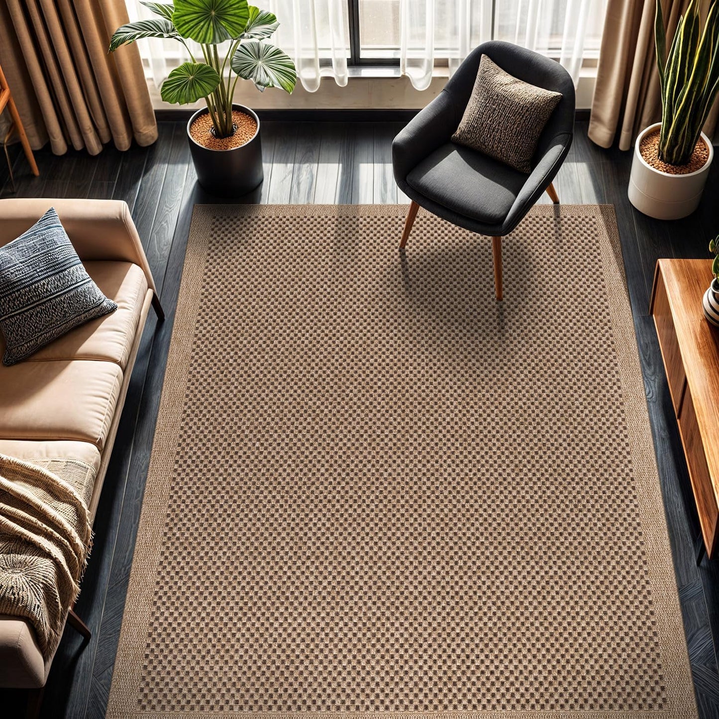 CAMILSON Easy Jute Rug 8x10, Indoor Outdoor Natural Color Fiber Area Rugs for Living Room and Patio Rug Herringbone Seagrass Boho Woven Design Easy-Cleaning Washable Outside Carpet Alfombras 8 x 10
