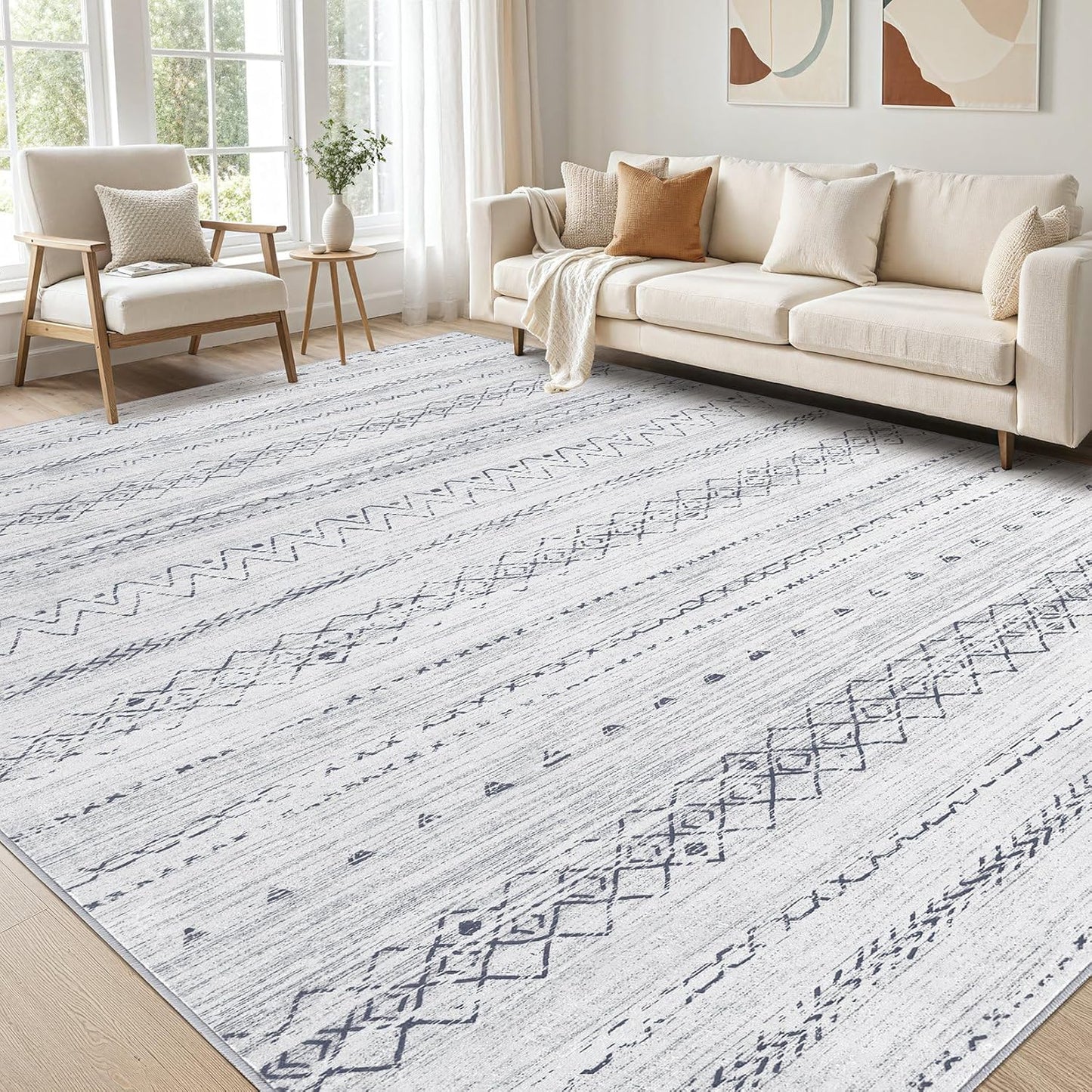 Large Living Room Area Rug 5x7: Soft Machine Washable Boho Moroccan Farmhouse Rugs for Bedroom Under Dining Table - Non-Slip Neutral Morden Indoor Floor Carpet for Home Office - Brown/Cream