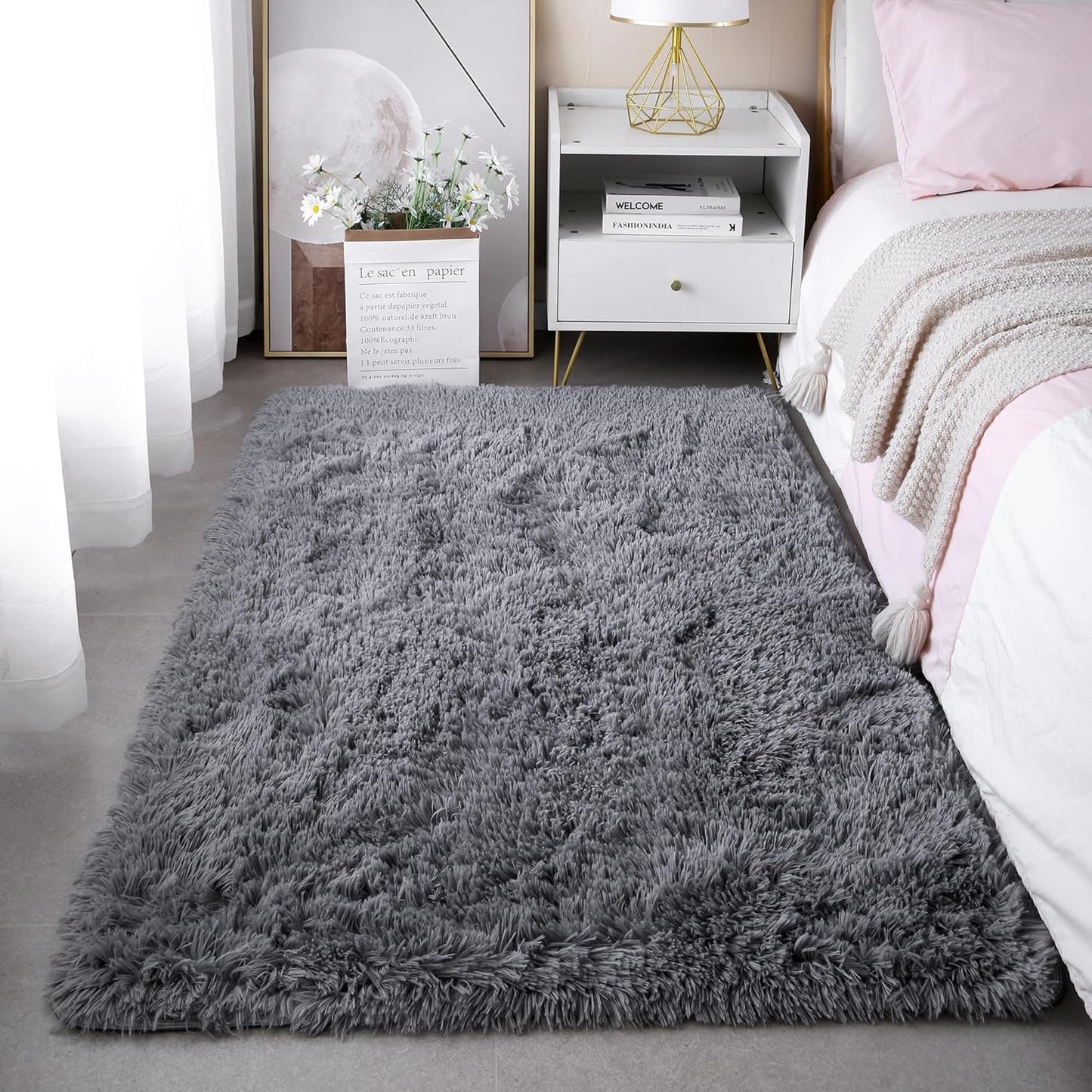 4x6 Light Grey Fluffy Shag Area Rug for Bedroom, Ultra Soft Fuzzy Plush Washable Carpet for Living Room, Modern Cozy Non Skid Furry Shaggy Rug for Kids Baby Boys Nursery Dorm,Tie-Dye Gray