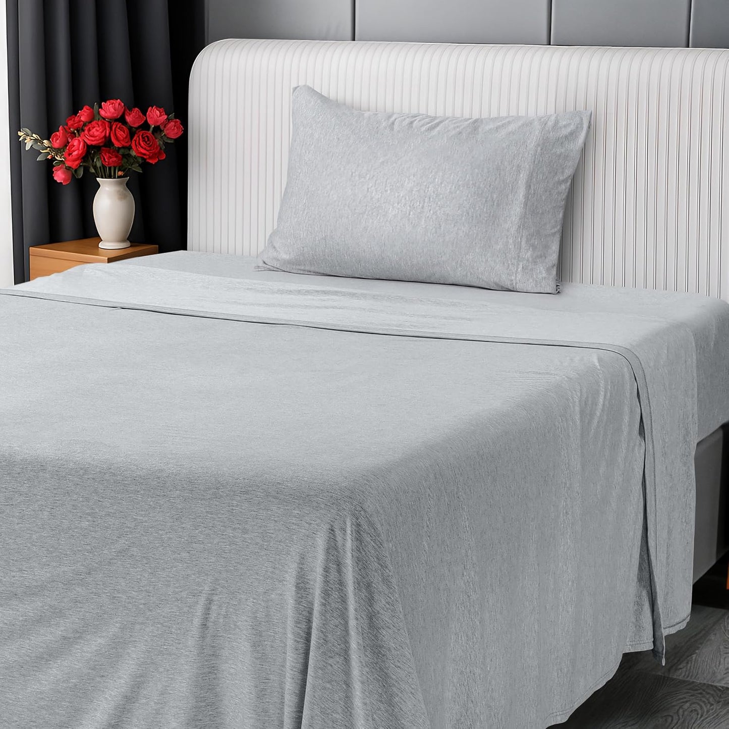 Utopia Bedding Queen Sheet Set - Jersey Knit Sheets 4 Piece – Cotton – Soft T-Shirt Stretchy Sheets (Heather Light Grey)