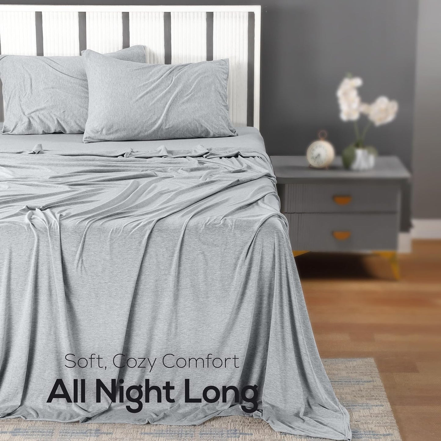 Utopia Bedding Queen Sheet Set - Jersey Knit Sheets 4 Piece – Cotton – Soft T-Shirt Stretchy Sheets (Heather Light Grey)
