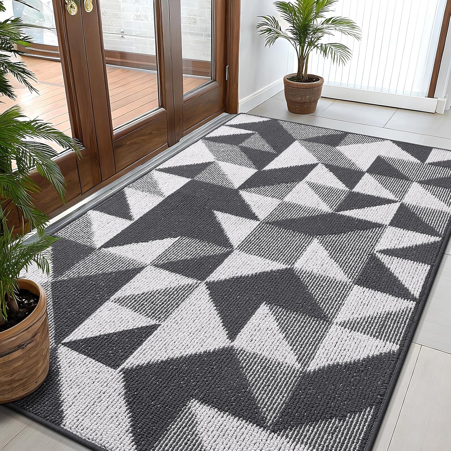 OLANLY Door Mat Indoor Entrance Washable 32x20, Odor-Free Low-Profile Front Back Geometric Doormat, Absorbent Resist Dirt Entry Carpet, Easy to Clean Sturdy Inside Floor Mats for Entryway, Black