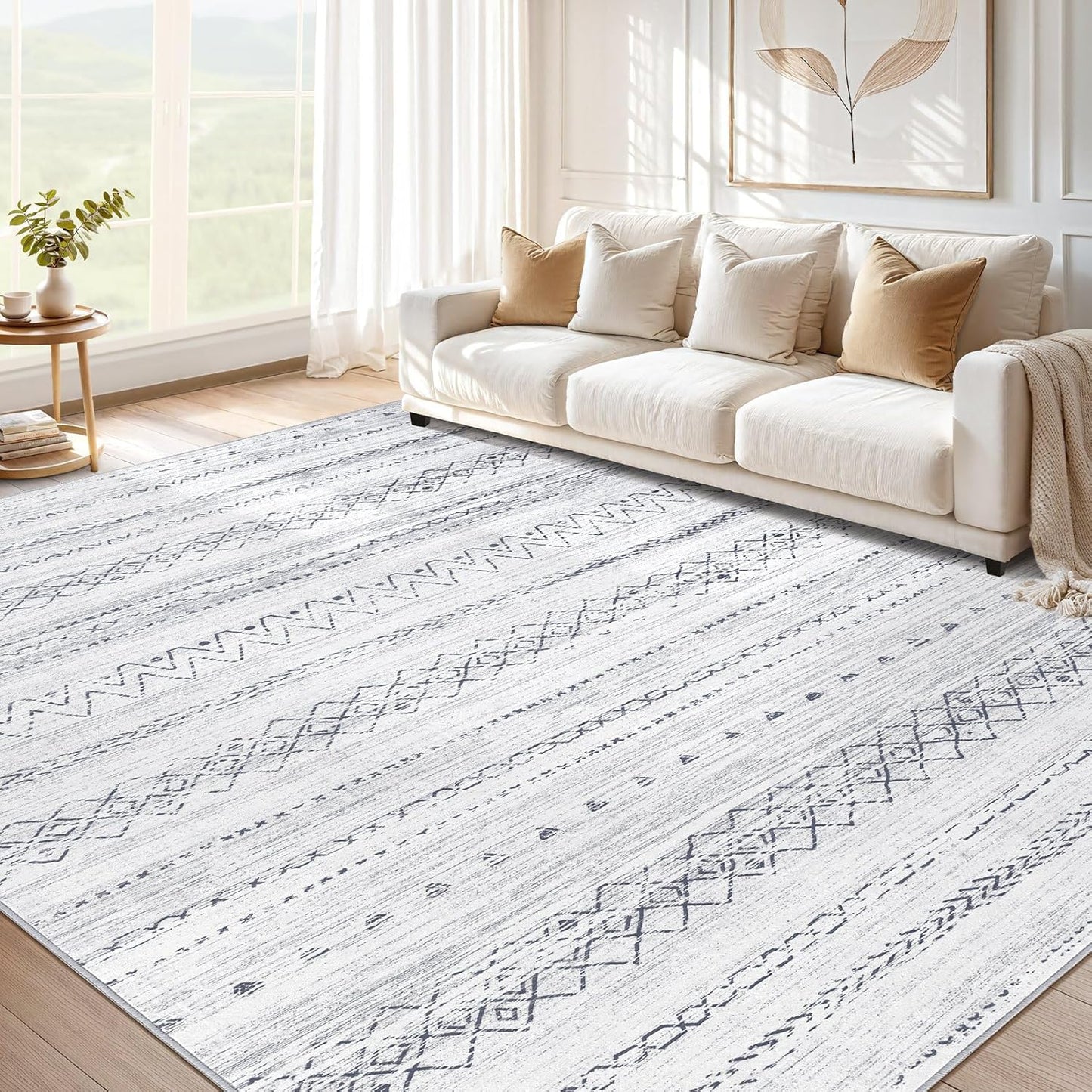 Large Living Room Area Rug 5x7: Soft Machine Washable Boho Moroccan Farmhouse Rugs for Bedroom Under Dining Table - Non-Slip Neutral Morden Indoor Floor Carpet for Home Office - Brown/Cream