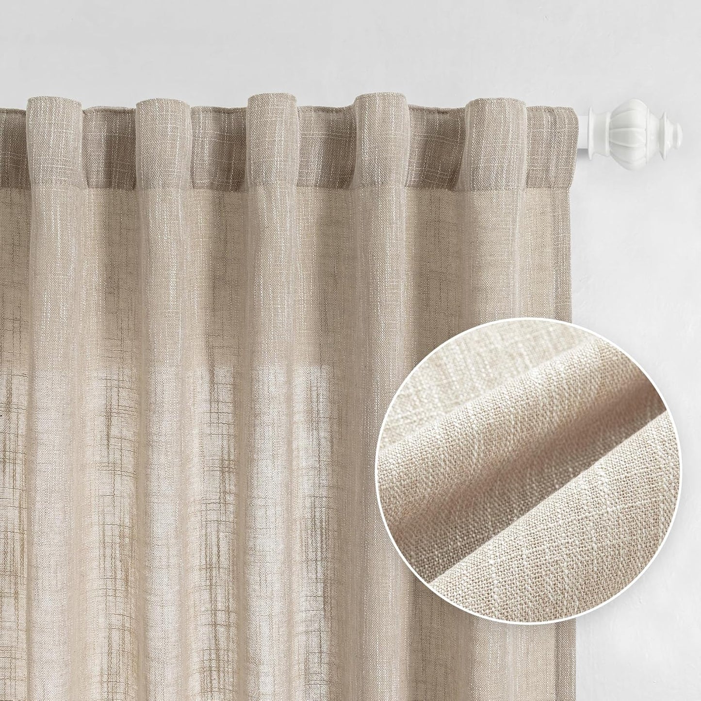 MYSKY HOME Linen Curtains for Living Room, Natural Semi Sheer Curtains & Drapes 84 inches Length 2 Panels Set Farmhouse Country Boho Style Back Tab Draperies for Sliding Glass Door, 50" Wide, Linen