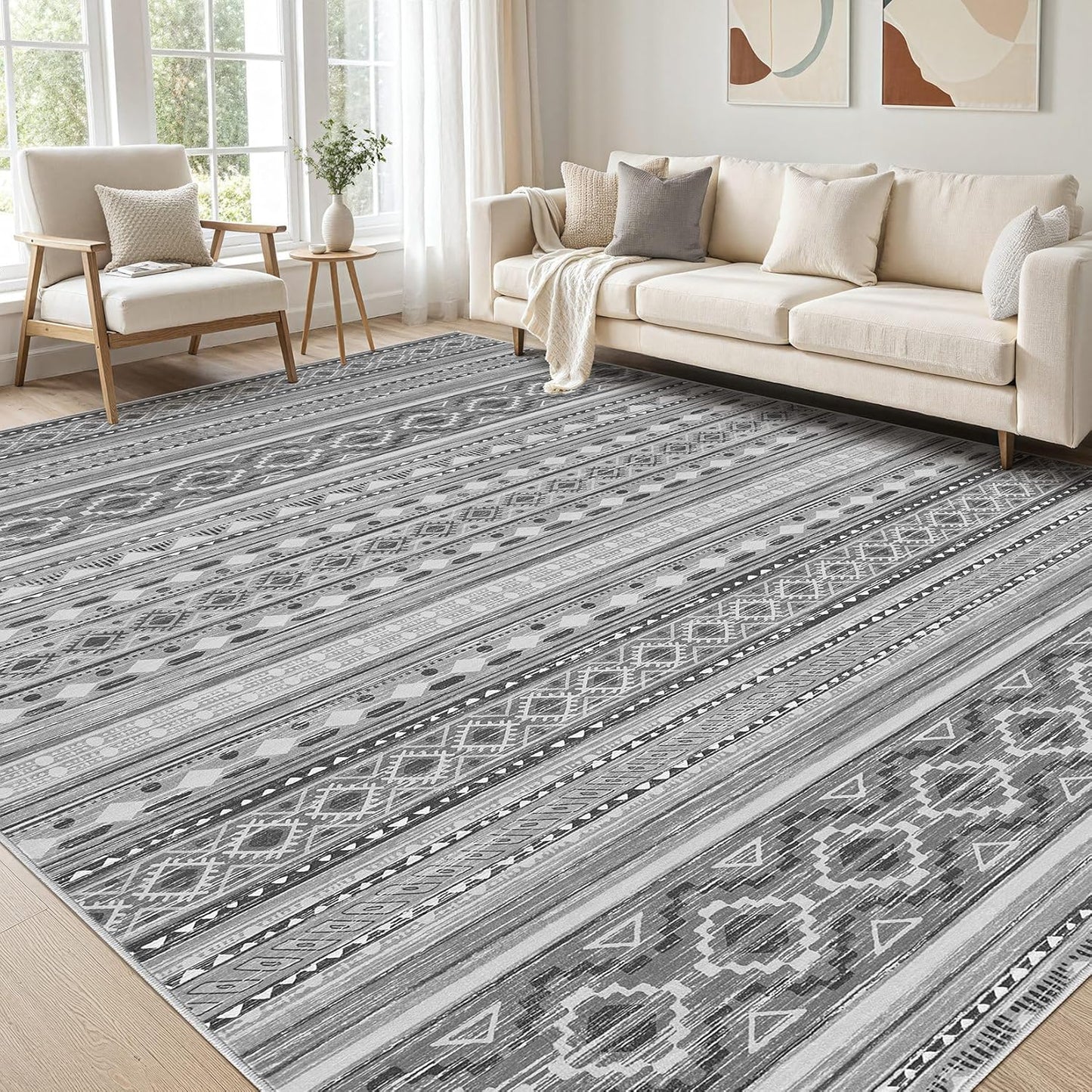 Large Living Room Area Rug 5x7: Soft Machine Washable Boho Moroccan Farmhouse Rugs for Bedroom Under Dining Table - Non-Slip Neutral Morden Indoor Floor Carpet for Home Office - Brown/Cream