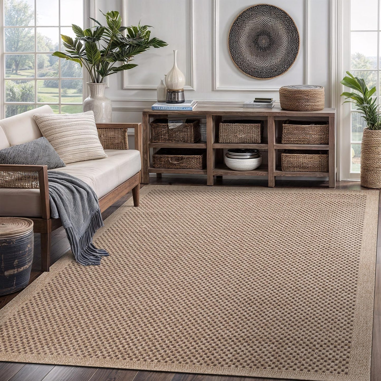 CAMILSON Easy Jute Rug 8x10, Indoor Outdoor Natural Color Fiber Area Rugs for Living Room and Patio Rug Herringbone Seagrass Boho Woven Design Easy-Cleaning Washable Outside Carpet Alfombras 8 x 10