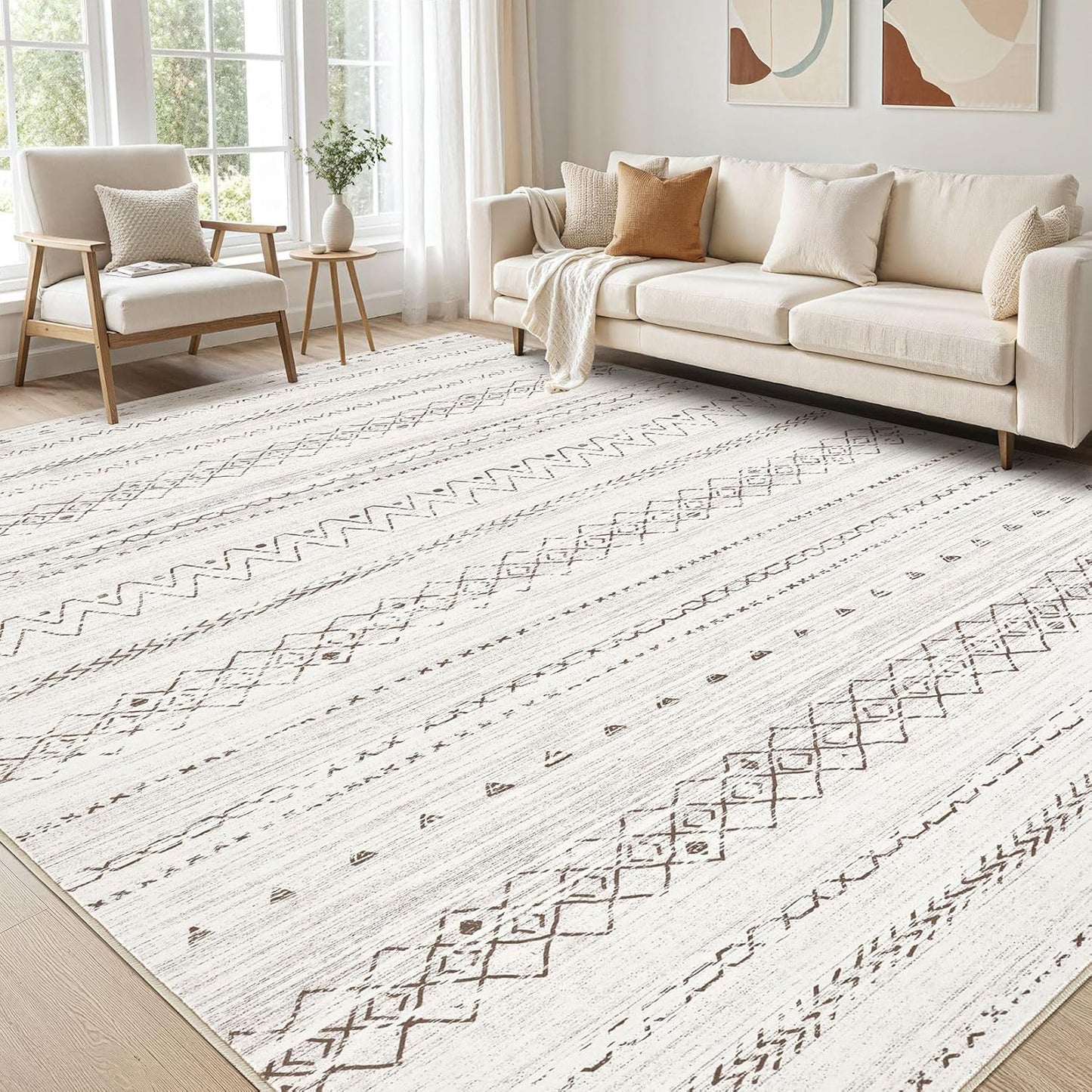 Large Living Room Area Rug 5x7: Soft Machine Washable Boho Moroccan Farmhouse Rugs for Bedroom Under Dining Table - Non-Slip Neutral Morden Indoor Floor Carpet for Home Office - Brown/Cream